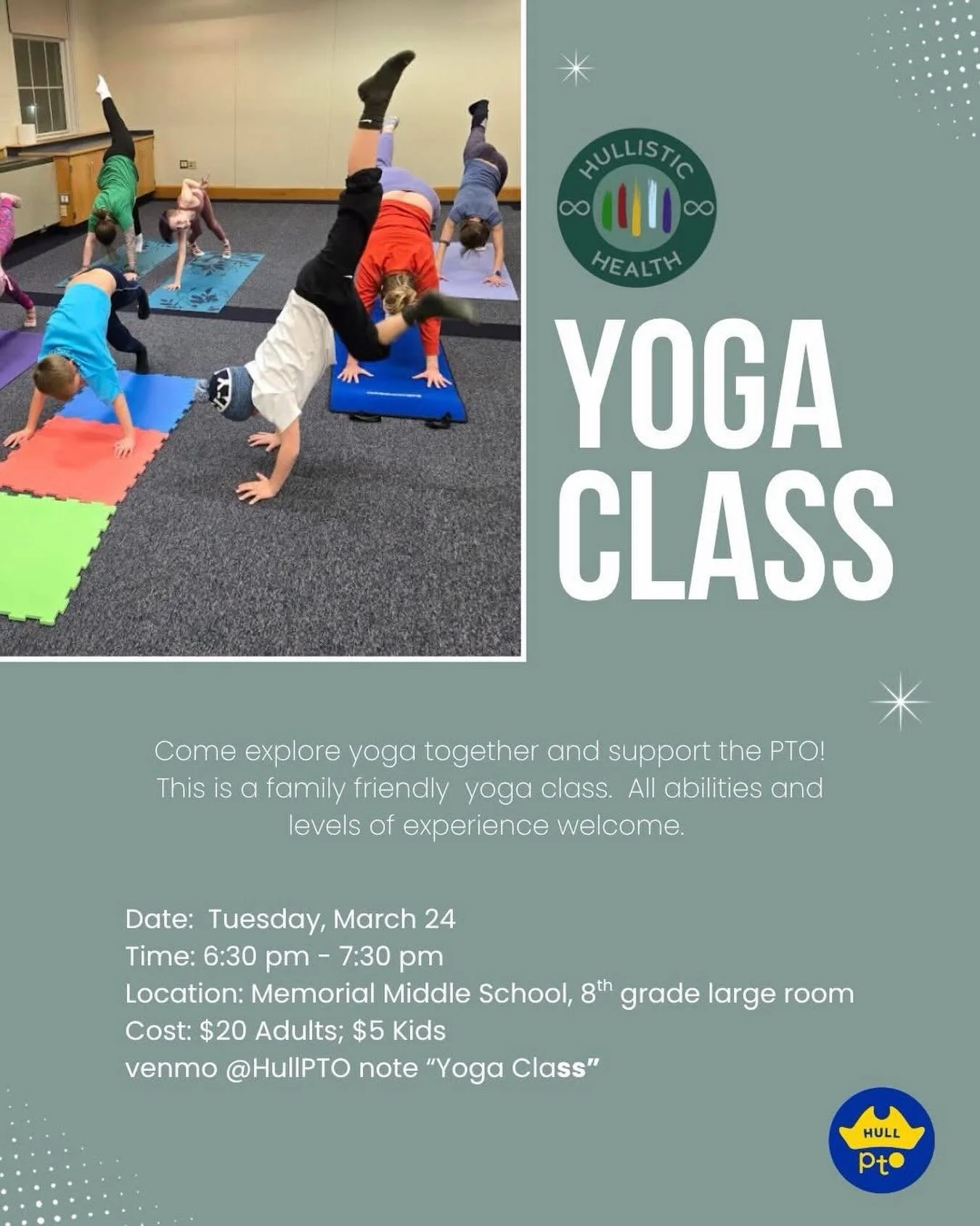 🧘&zwj;♀️ Come Explore Yoga &amp; Support the PTO! 🧘&zwj;♂️

Looking for a fun, relaxing way to spend the evening? Join us for a family-friendly yoga class.  All ages and experience levels welcome!

📅 Tuesday, March 24
⏰ 6:30 &ndash; 7:30 PM
📍 Mem
