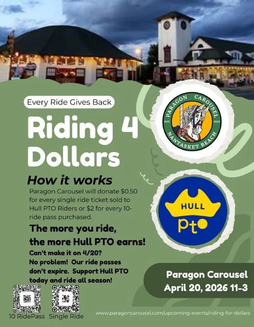 Kick off April Vacation with some fun at the Paragon Carousel! Join us on Monday, April 20 from 11:00 AM &ndash; 3:00 PM and enjoy a day at the carousel while supporting the Hull PTO!

&bull;  Paragon Carousel will donate $0.50 to the Hull PTO for ev