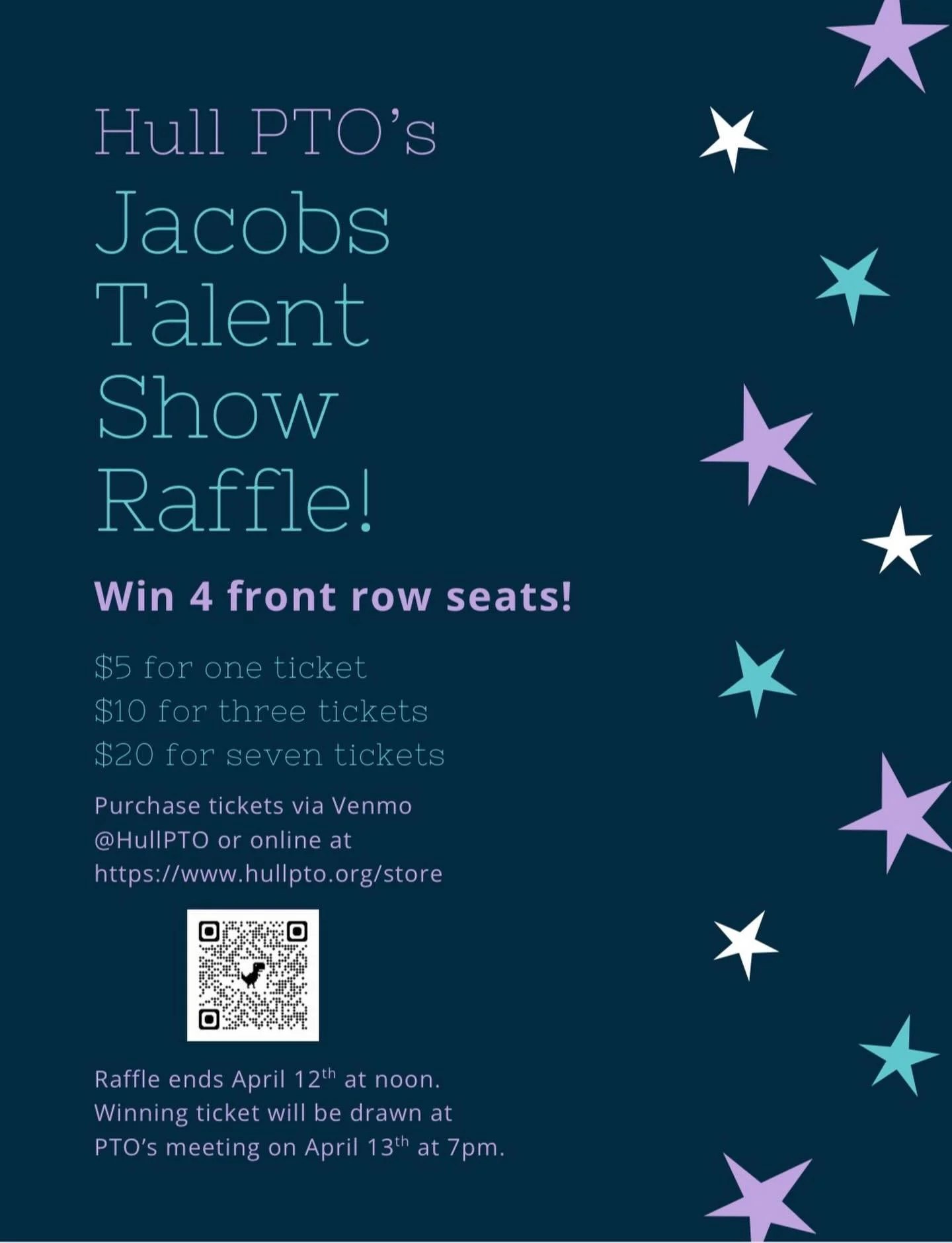 Jacobs Talent Show Raffle! Want the best seats in the house? Enter for a chance to win 4 FRONT ROW seats to the Jacobs Talent Show on April 15th ⭐️

🎟️ Raffle Pricing
$5 = 1 ticket
$10 = 3 tickets
$20 = 7 tickets

Purchase via Vemno @HullPTO

🗓️ Im