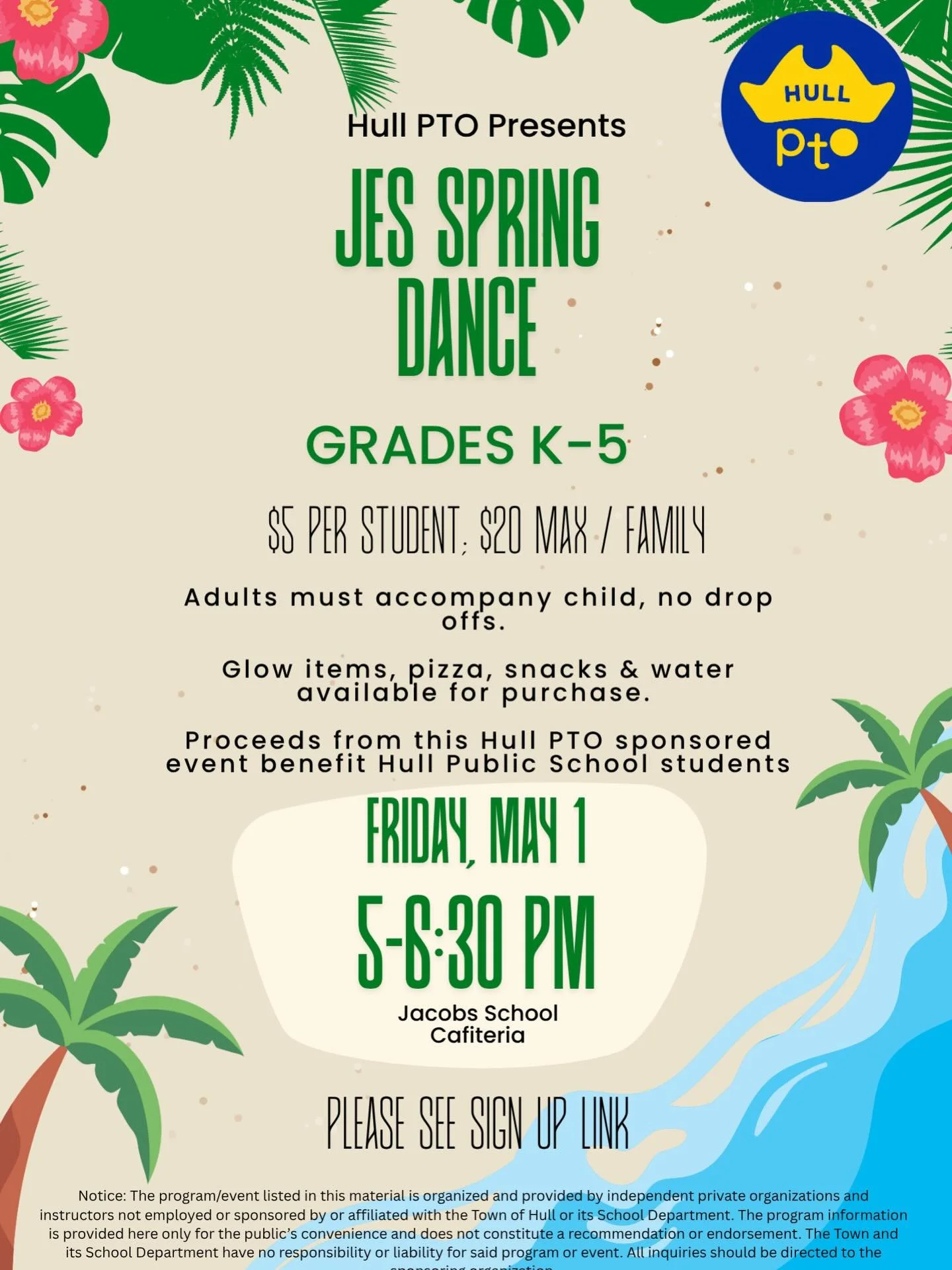 Get ready to dance, JES! 🌴💃

Join us for the Jacobs Elementary Spring Dance (Grades K&ndash;5)!

📅 Friday, May 1
🕔 5:00 &ndash; 6:30 PM
📍 Jacobs School Cafeteria

🎟️ $5 per student, $20 max per family
👨&zwj;👩&zwj;👧 Adults must attend (no dro