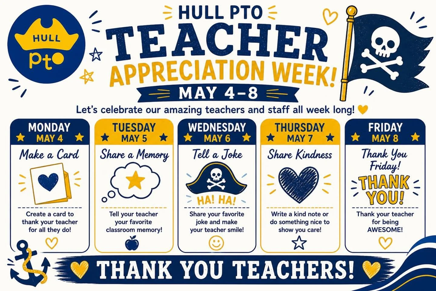 Teacher Appreciation Week is May 4&ndash;8 💙💛
Join us in celebrating our amazing teachers and staff with simple, fun ways to say thank you all week long.