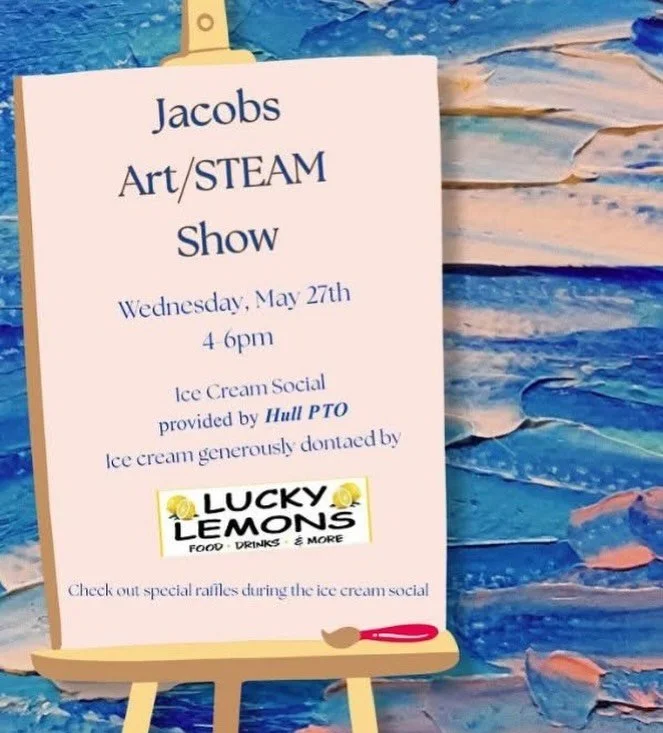 🎨 Jacobs Art / STEAM Show
📅 Wednesday, May 27
⏰ 4:00 - 6:00 pm
📍 Jacobs School

Come check out all of the incredible student artwork and STEAM projects throughout the school!

✨ Stop by the gym for hands-on activities with Playful Engineers
🍦 PTO