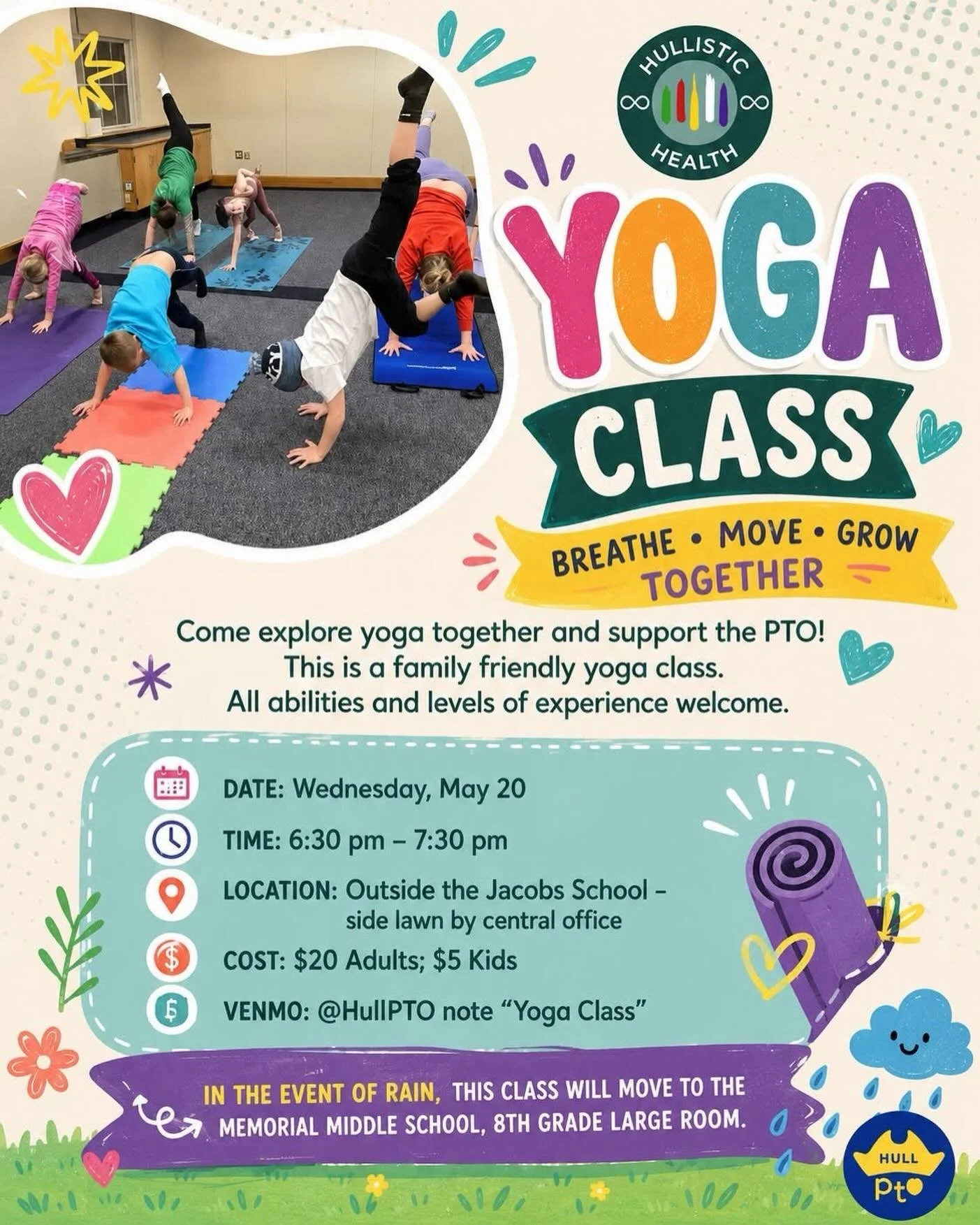 Stretch, breathe, move, and have some fun with us! 🧘&zwj;♀️✨

Join us for a family-friendly Yoga Class supporting the Hull PTO! All ages and experience levels are welcome, so grab your mat and come flow with us.

🗓 Wednesday, May 20
⏰ 6:30&ndash;7: