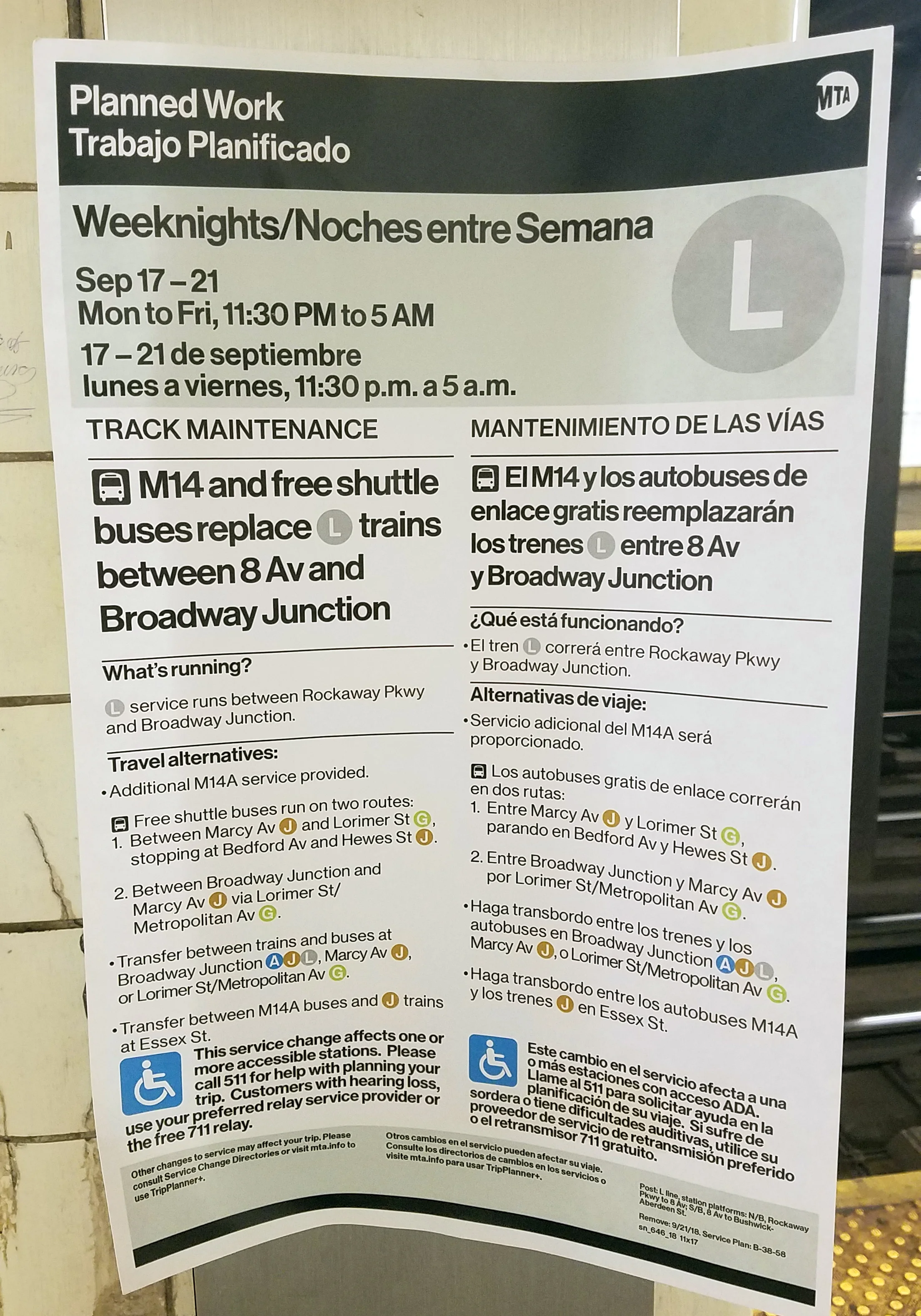 MTA service change sign