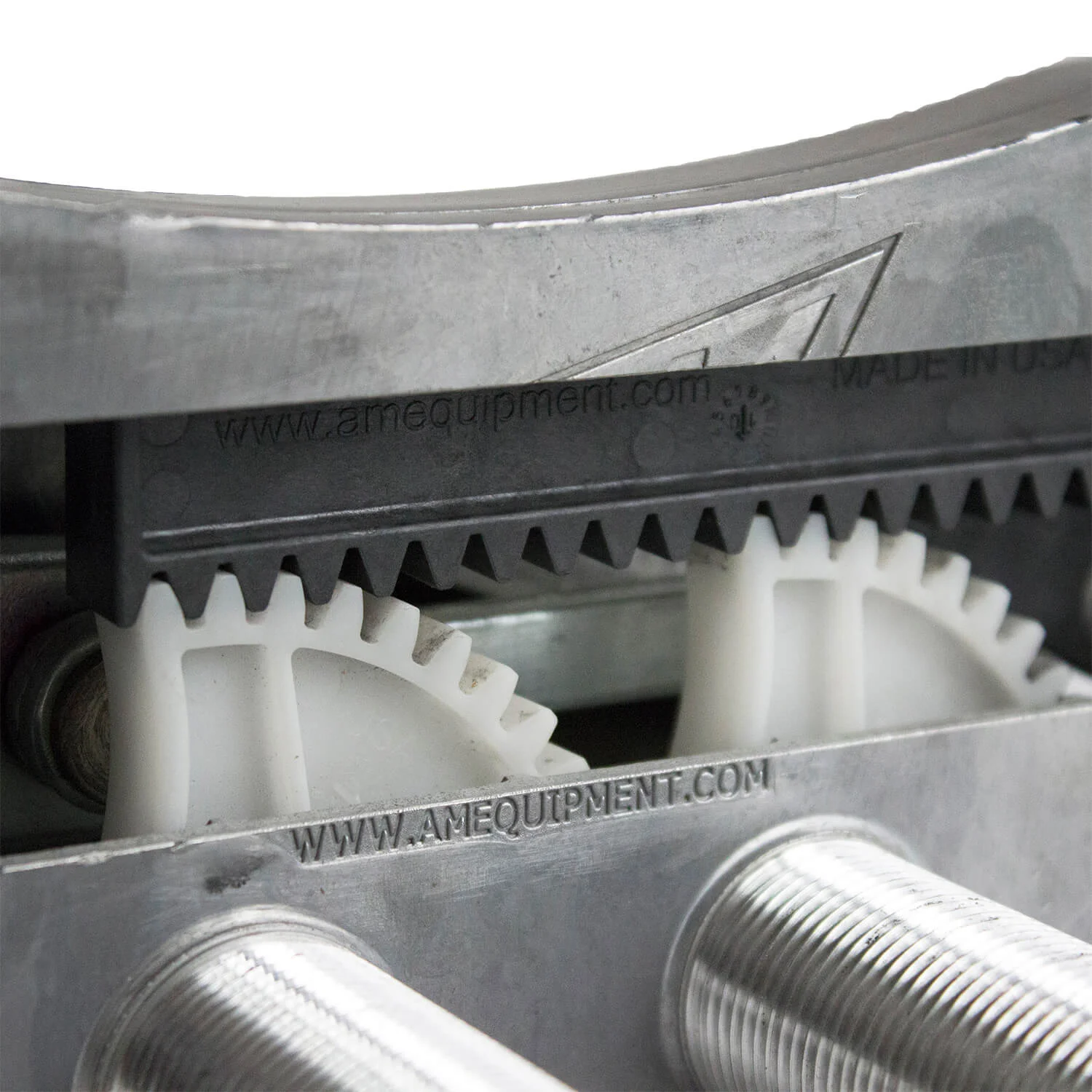Patented dual sector gear drive delivers power to both pivot shafts. US Patent #7,739,771