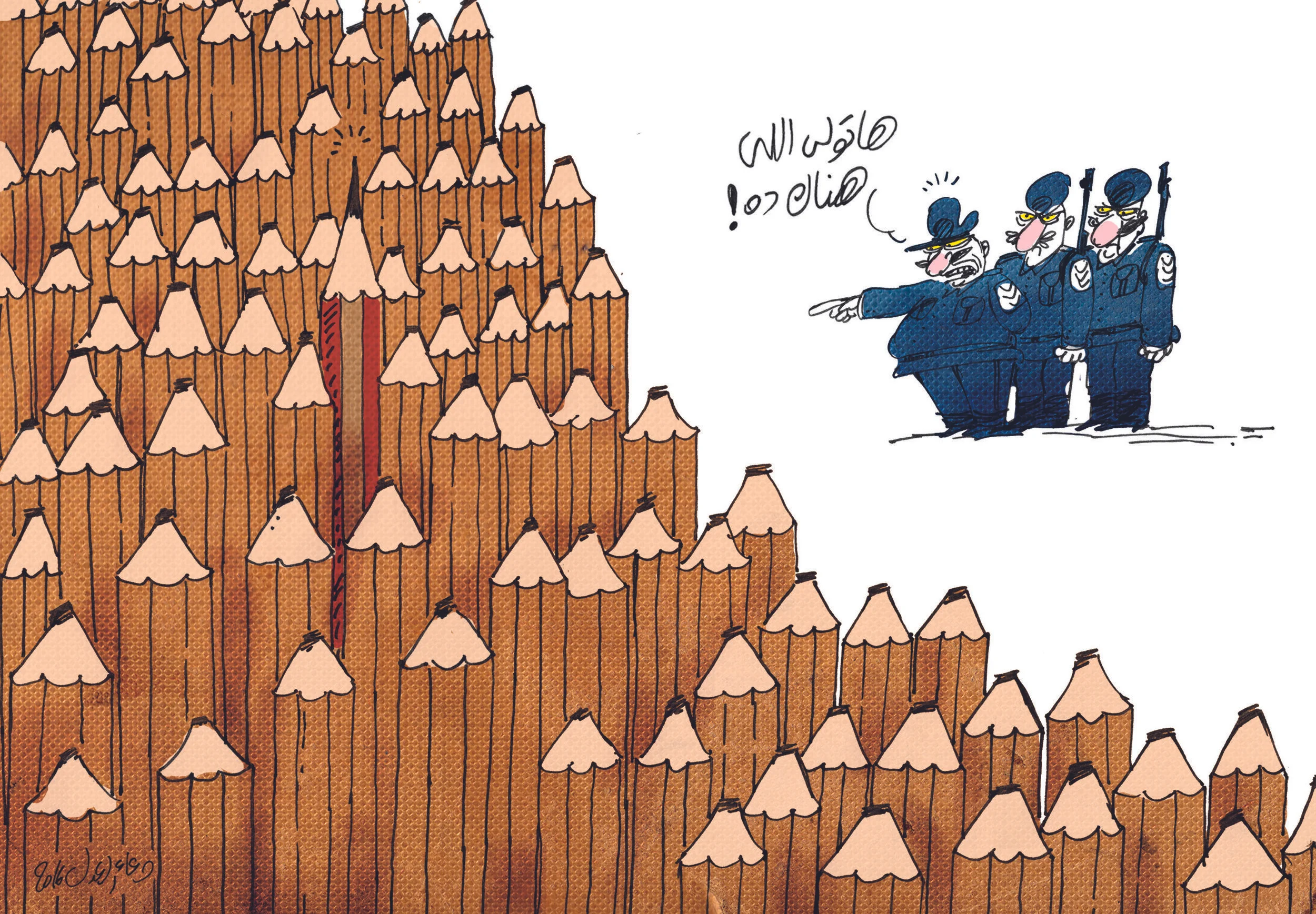 Doaa el-Adel tegnede denne karikatur efter anholdelsen af flere kritiske journalister. En overbetjent siger til sine to betjente: "Få fat i ham dér".