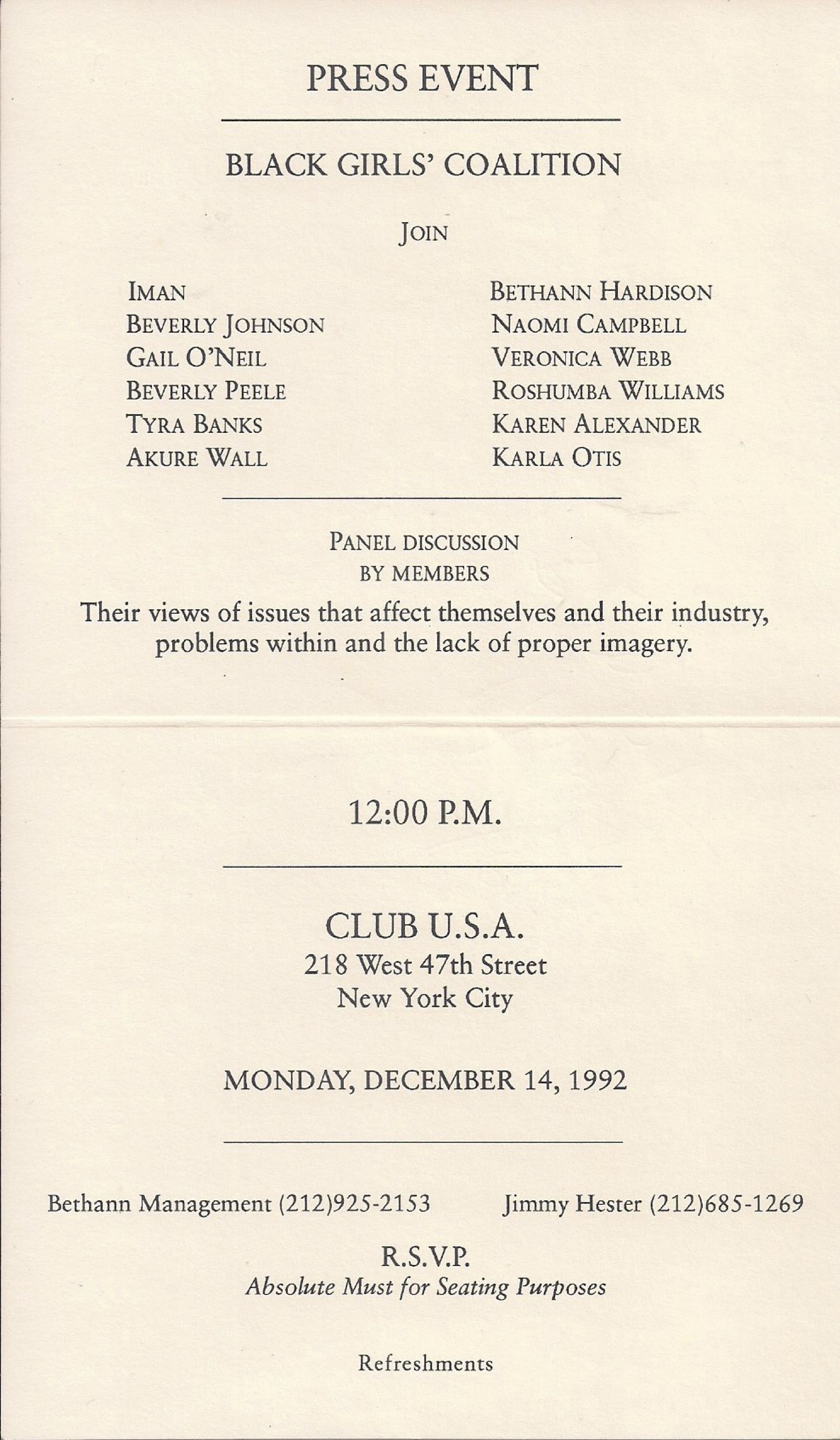 Black Girls Coalition Press Conference Invitation, Dec. 1992
