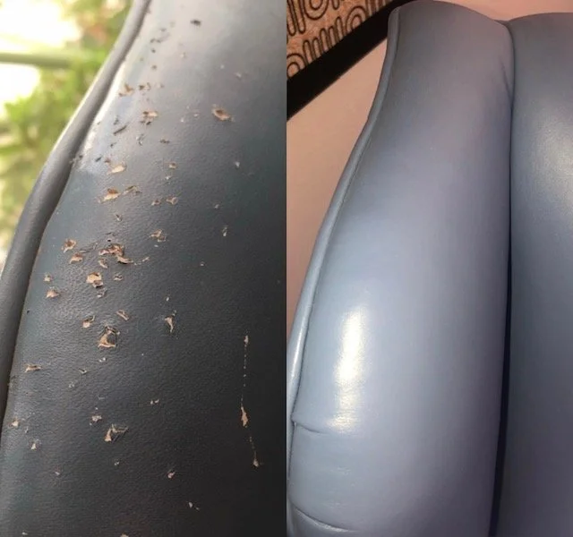 Before and after repair of scratches on dark leather