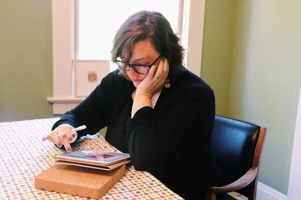 Me at my dining room table….er, I mean studio :)
