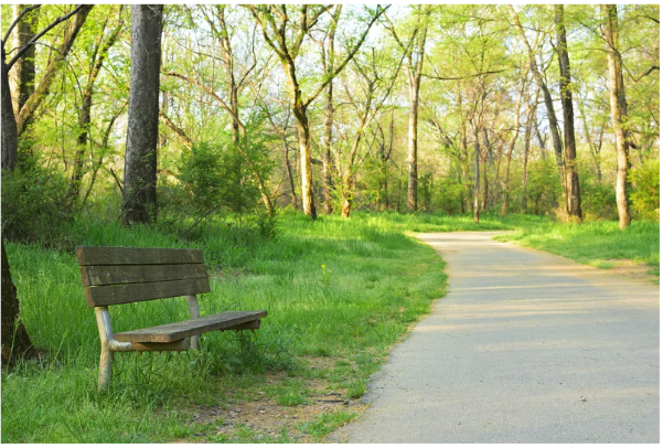 Photo of a greenway, lined with green space and trees, and a rest area for bikers and walkers.