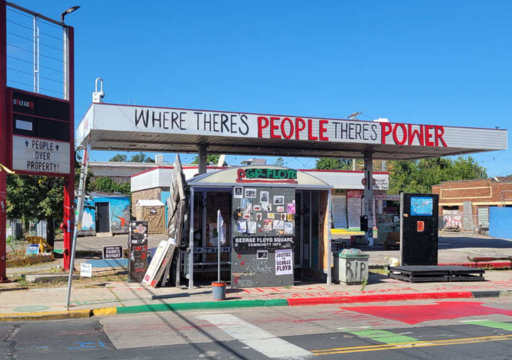 Photo of the People's Way, a gas station-turned autonomous meeting space in George Floyd Square. Photo from Minnesota Spokesman-Recorder (2024)