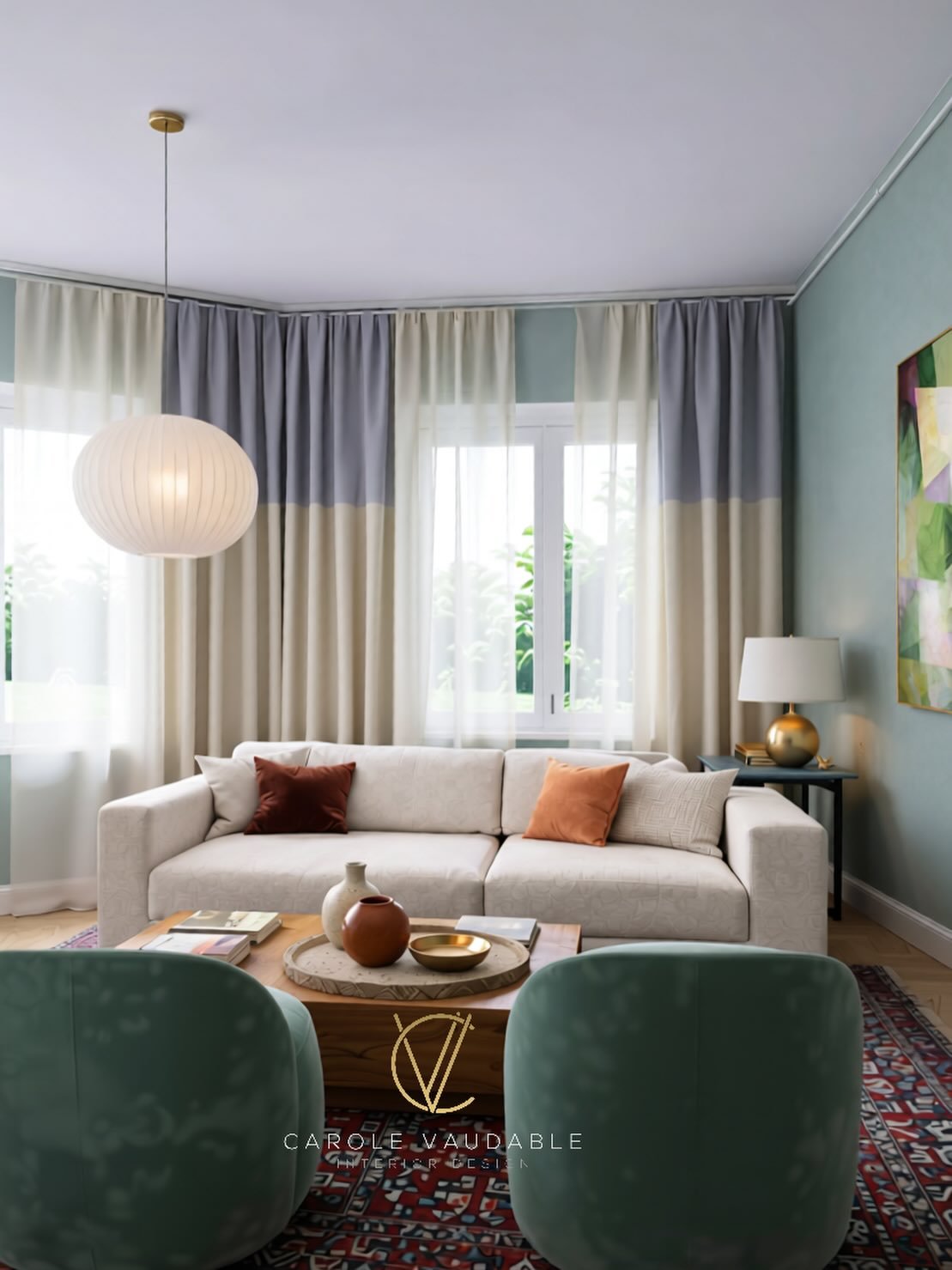 Most rooms don&rsquo;t feel off because of color; they feel off because everything is the same texture. 

Here, matte walls, velvet chairs, a subtle geometric sofa, airy sheers, solid wood and brass all balance each other so nothing feels flat or cha