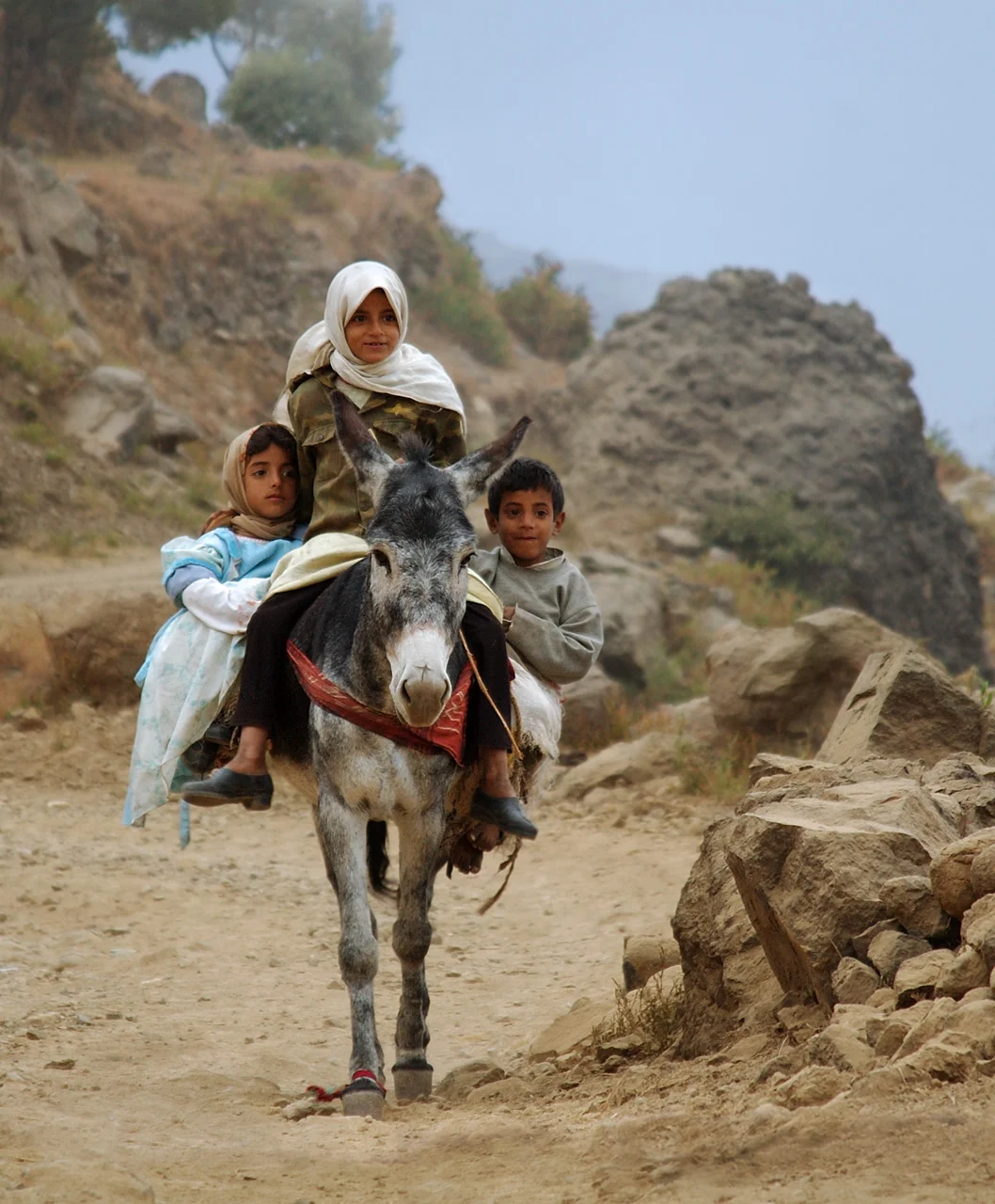 Village children on a donkey, Al Hajjara, Yemen
