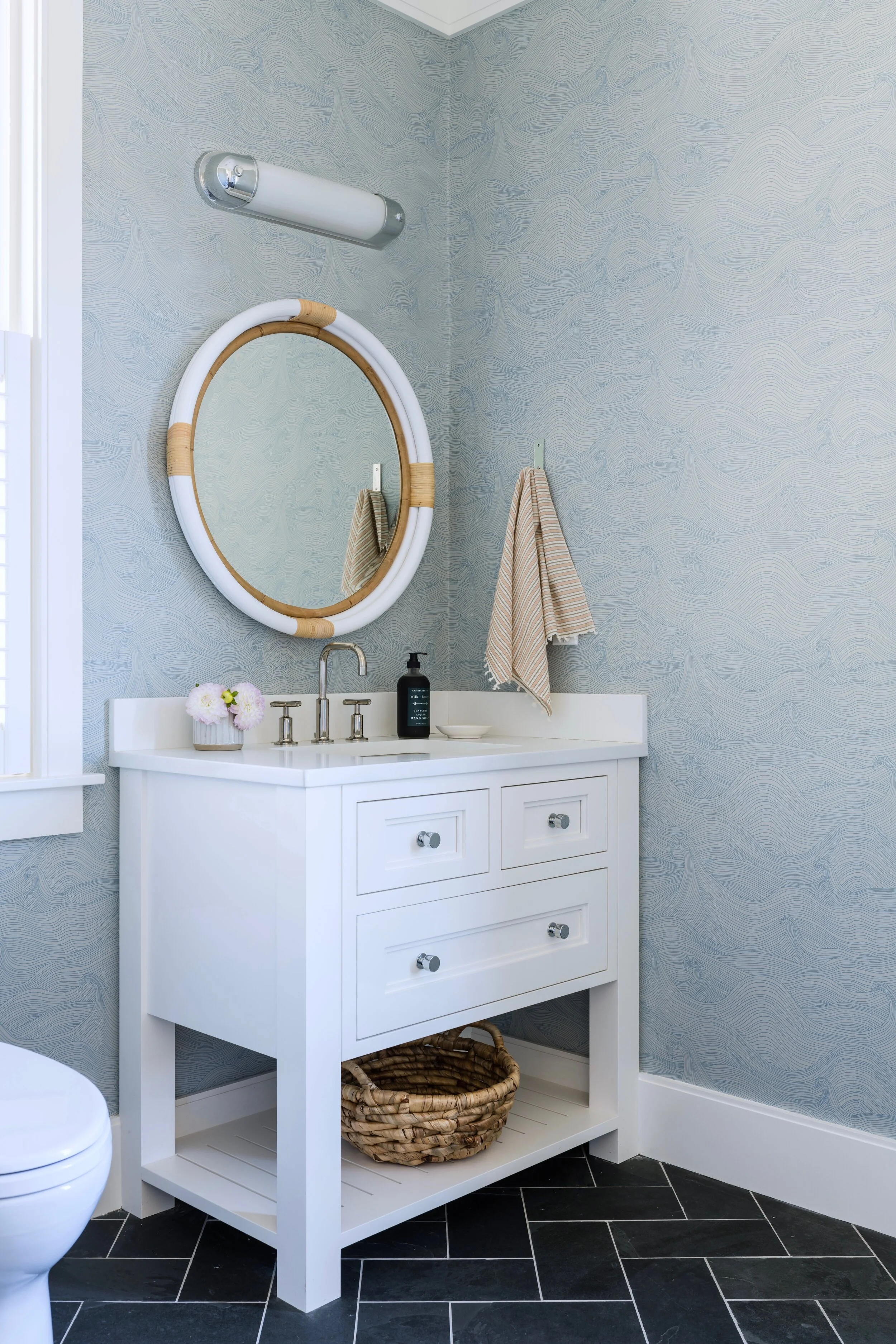 RI Beach House - Guest Suite, Powder, and Entry — Meredith Rodday Design