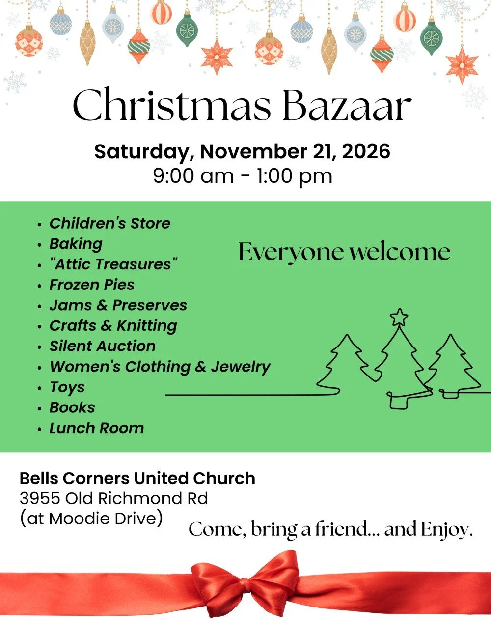 Christmas Bazaar, Saturday November 21, 9 AM to 1 PM, Everyone Welcome!