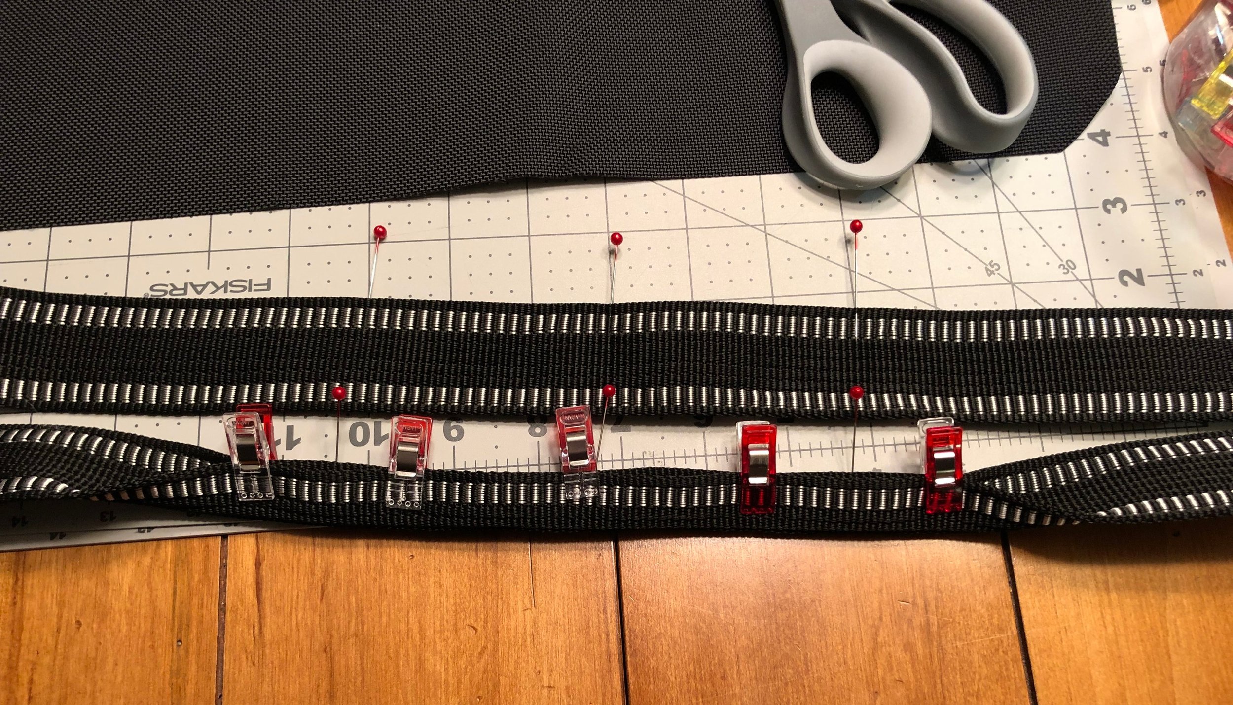  Place a pin at the center of the webbing and a pin 3” to either side of center, fold in half. 