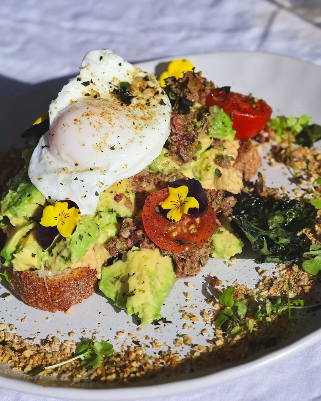 Avocado on toast with whipped lemon feta, confit cherry tomato, poached egg, homemade dukkha, rye toast, sun-dried tomato and pesto 🥑