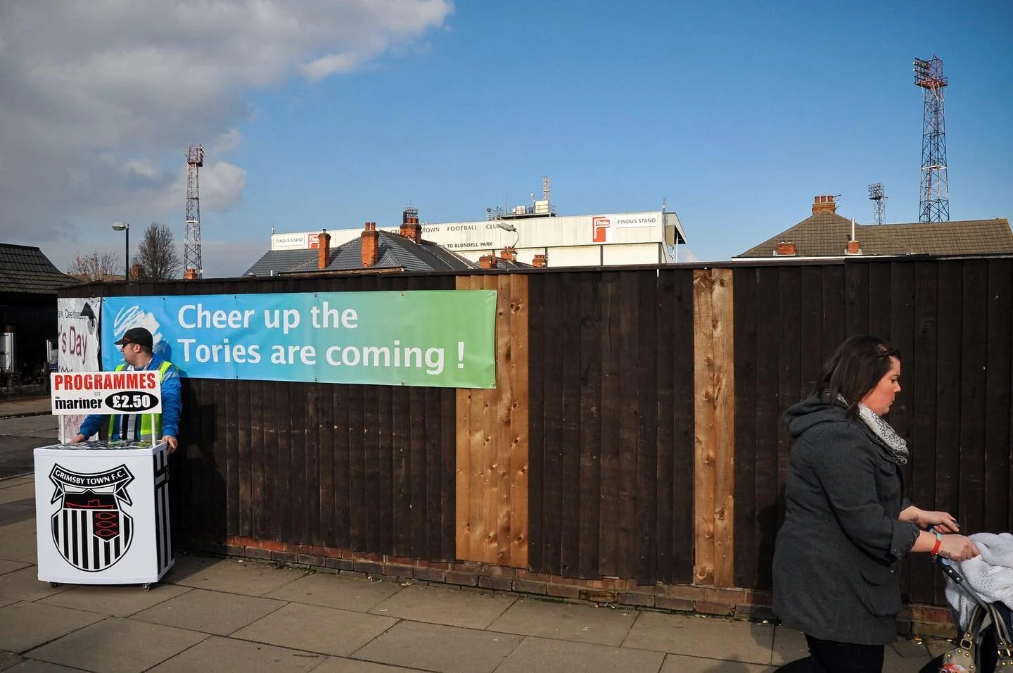 Derby day in Grimsby and a motivational message to the locals 😬 Grimsby Town 2 Lincoln City 2, 20/02/2010. Blundell Park, League Two.