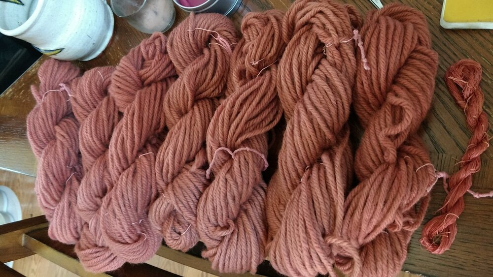L:R 1st mordant bath use to 7th mordant bath use, plus a skein of silk at far right as an 8th mordant use.