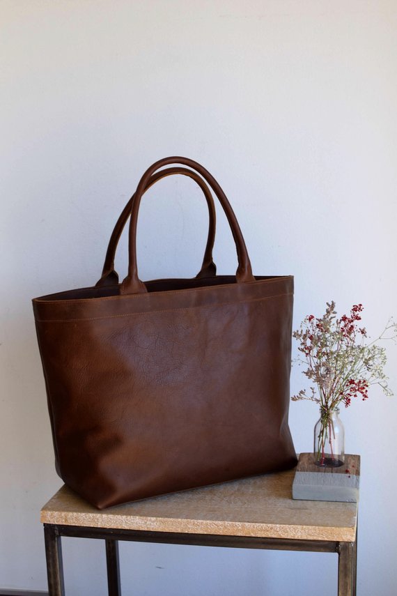 Large Tan / Cognac Leather tote bag with large outside pocket. Cognac Tan  Cap Sa Sal Bag. Handmade. — Vermut Atelier