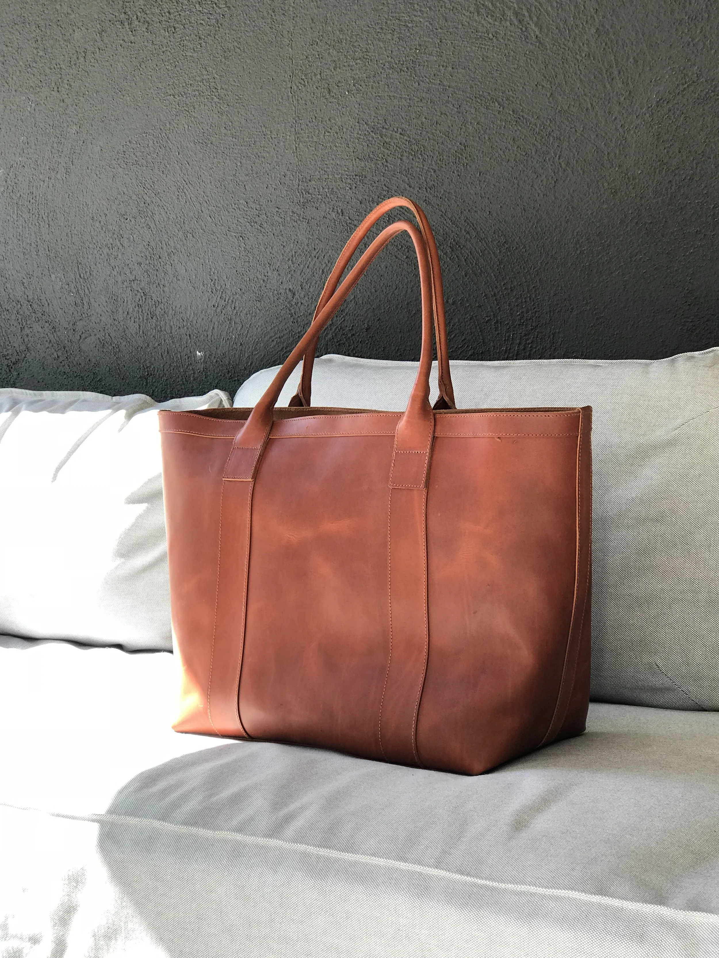 large tan leather bag