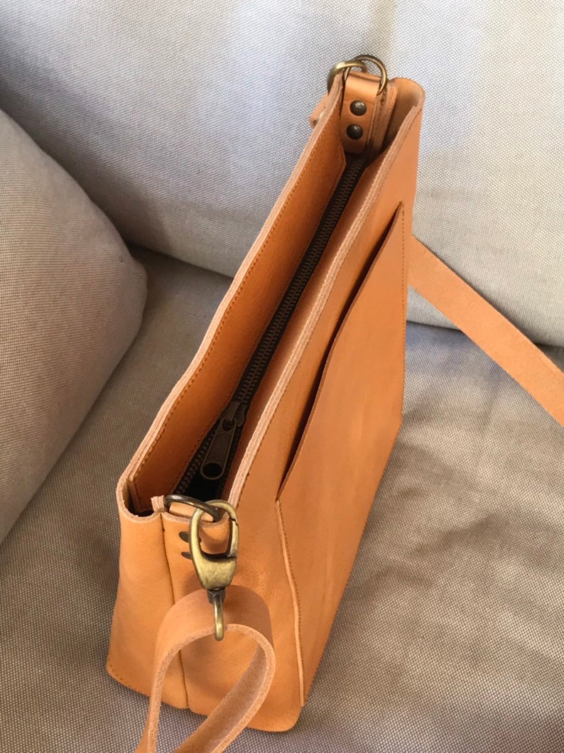 Crossbody bag in CAMEL Leather with outside pocket and Zipper. The Mini bag  of the Cap Sa Sal collection bag — Vermut Atelier