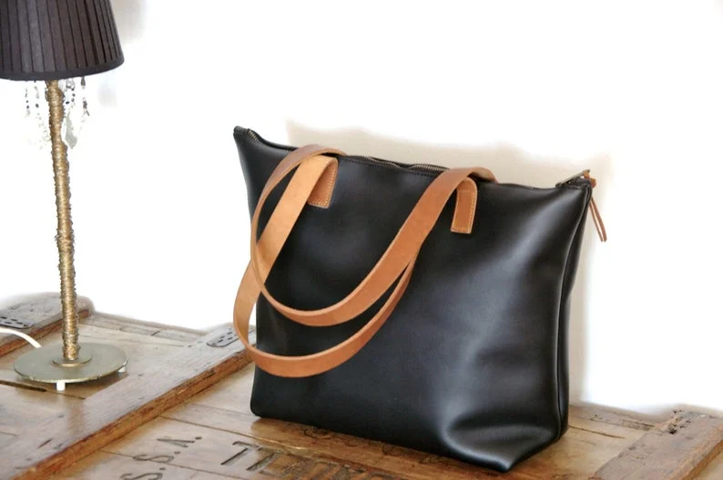 black and brown leather tote