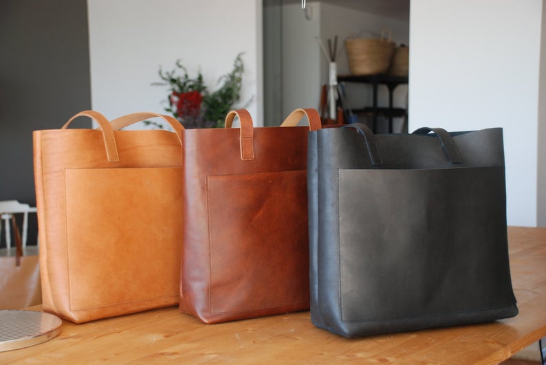 Veg tanned leather bag available in 4 colors. Leather tote with large  outside pocket. Cap Sa Sal Collection. 3 sizes. Handmade. — Vermut Atelier