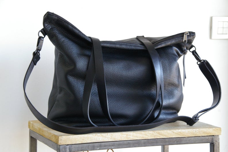 Oversized Soft Black Leather bag with zip, Cross Body Strap and Clutch —  Vermut Atelier