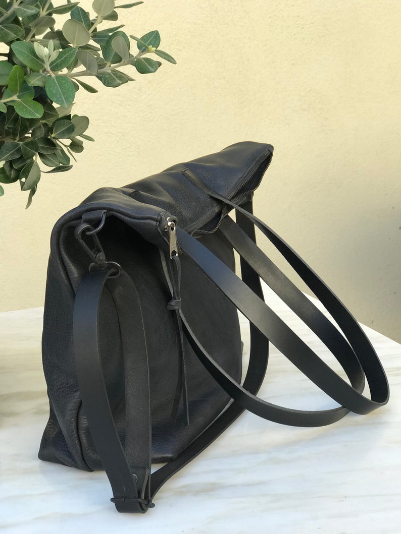 Large Black Leather bag with zip and removable Cross Body Strap — Vermut  Atelier