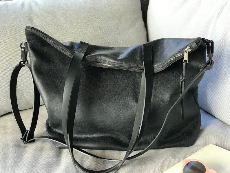 Oversized Soft Black Leather bag with zip, Cross Body Strap and