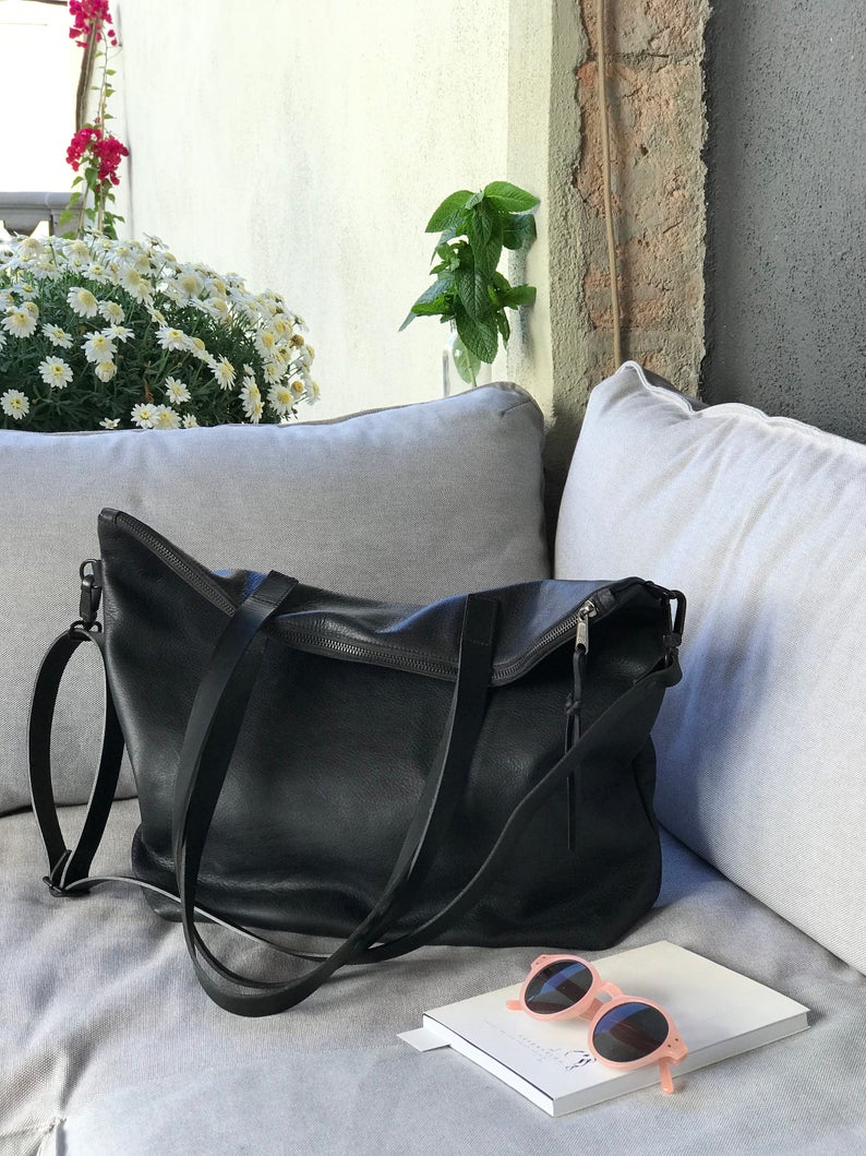 Large Black Leather bag with zip and removable Cross Body Strap — Vermut  Atelier