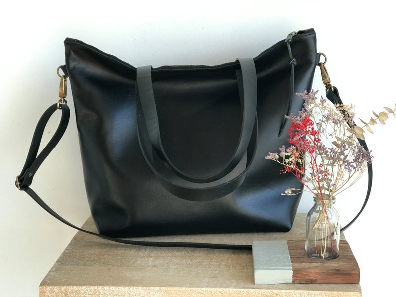 Large Black Leather bag with zip and removable Cross Body Strap