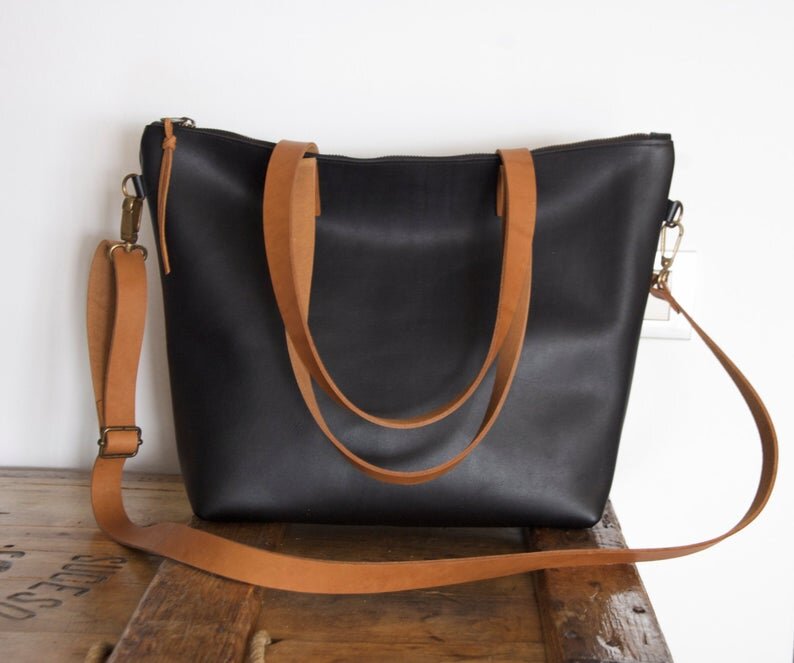 Medium Black Leather bag with zip and brown sewed leather straps
