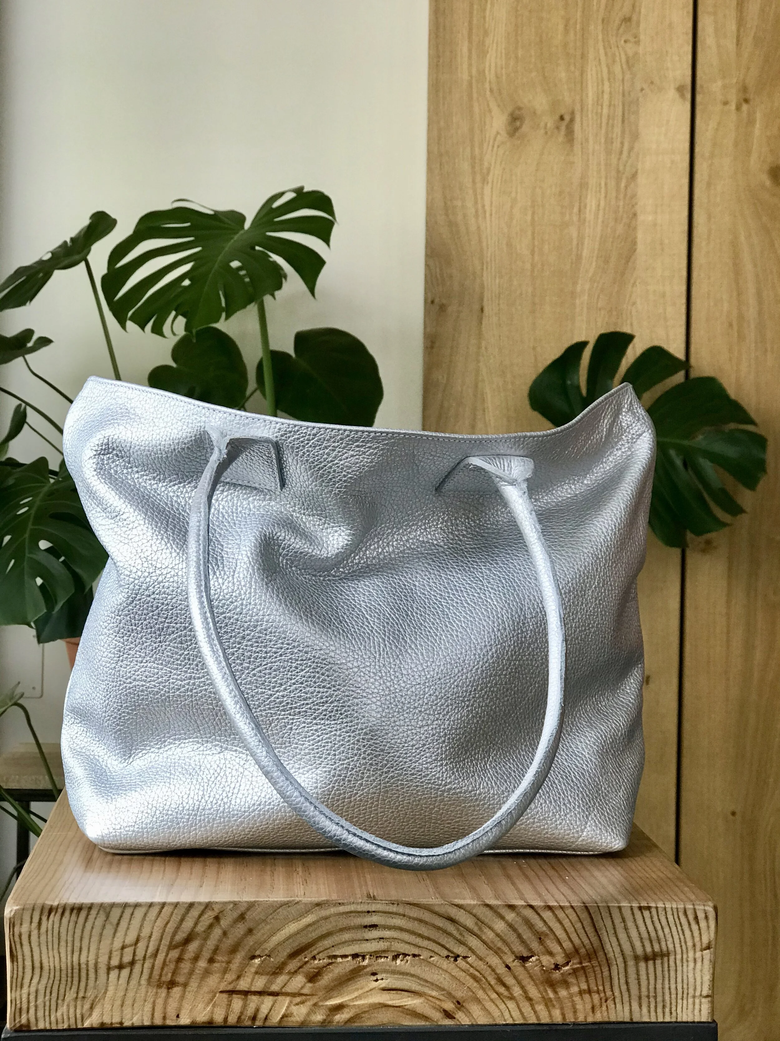 Beautiful metallic silver leather bag