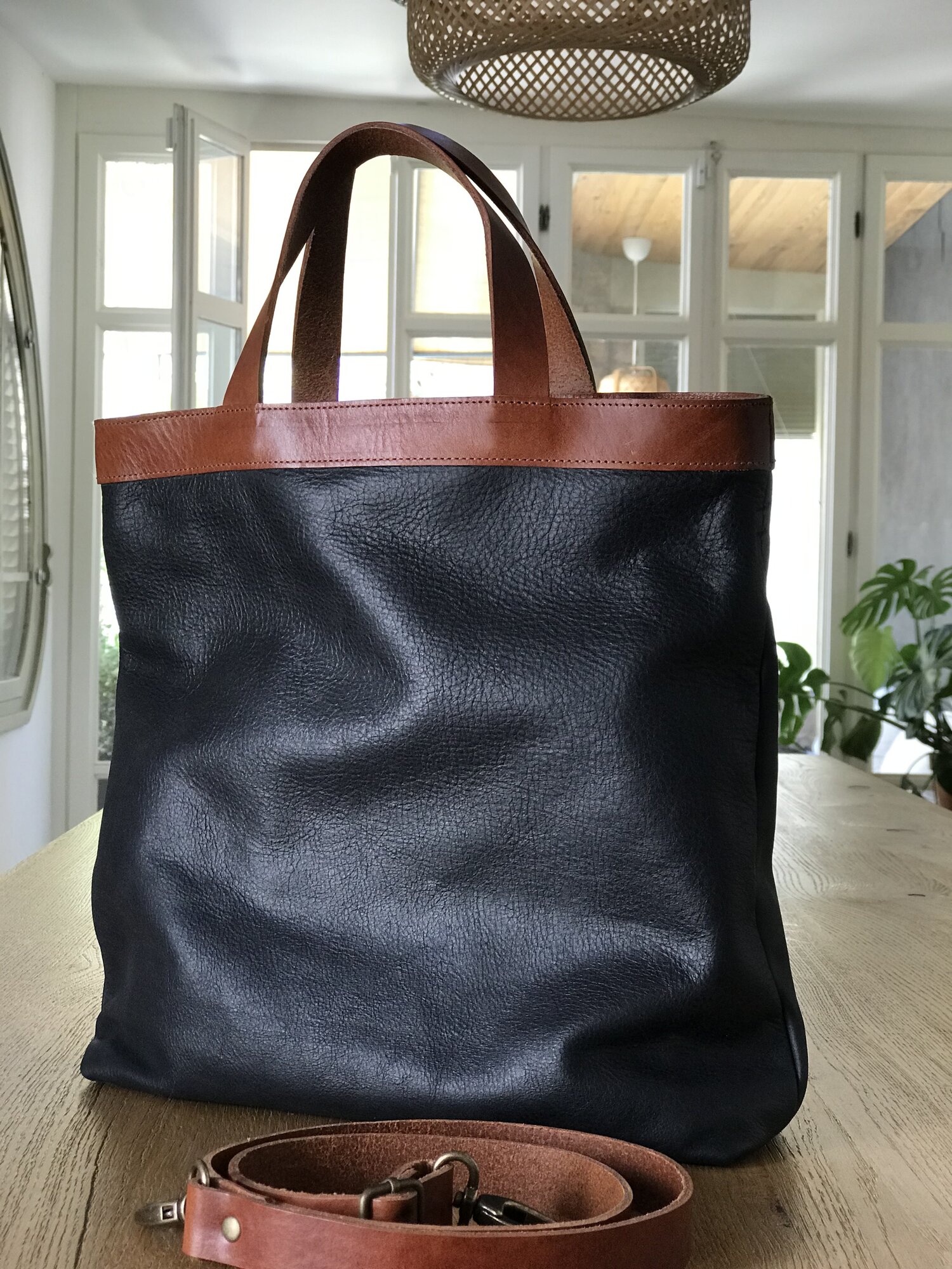 black leather handbag