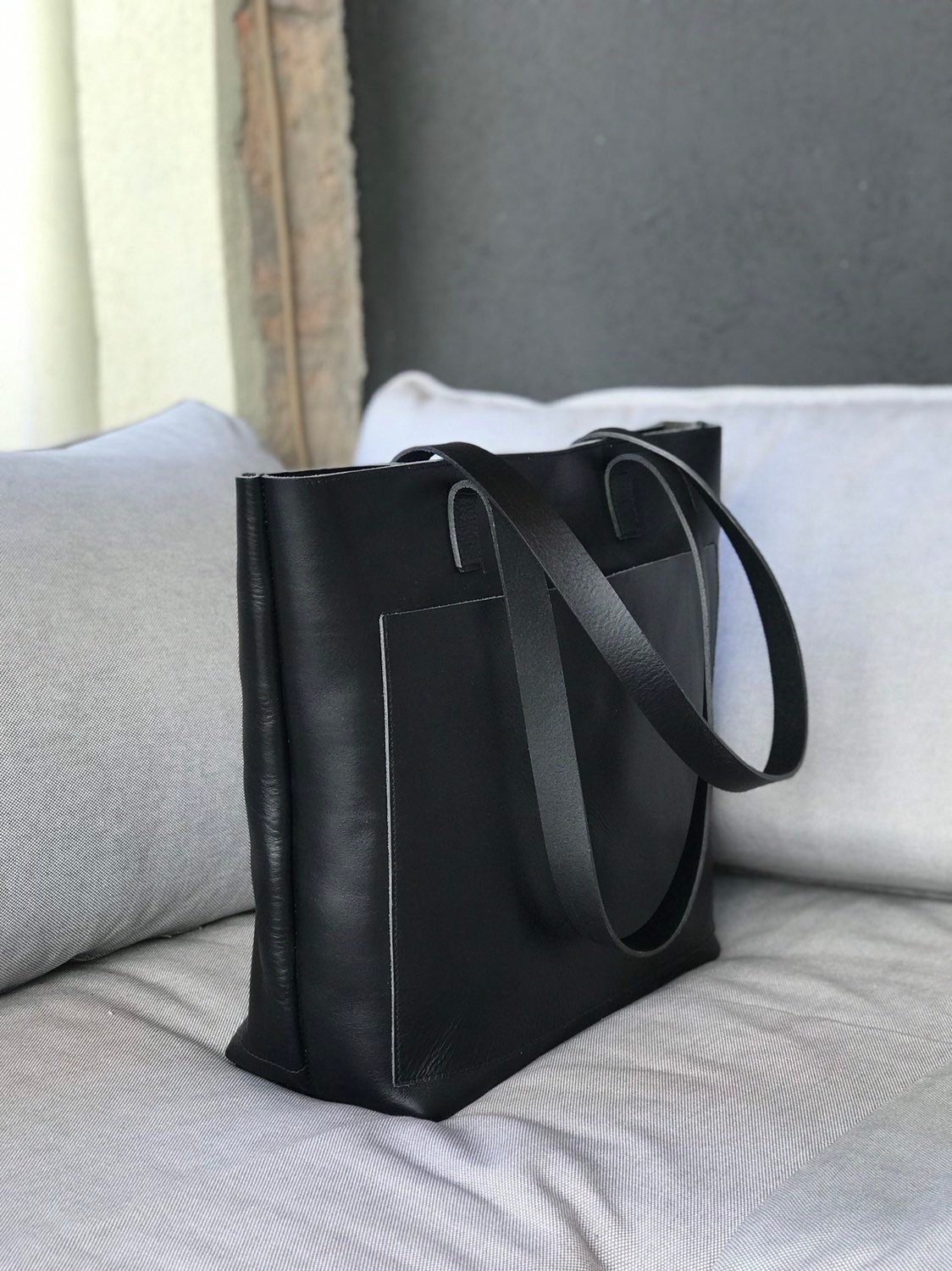 Black Leather tote bag with large outside pocket. Cap Sa Sal Bag. Handmade.  — Vermut Atelier