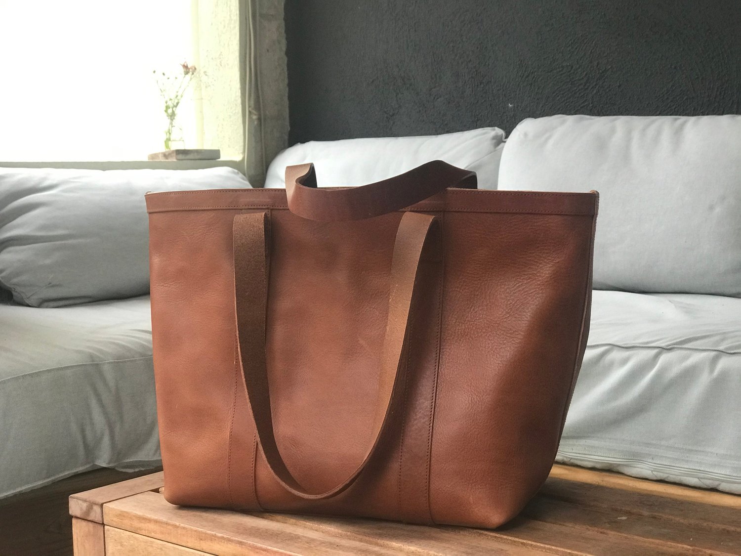 Large Tan / Cognac Leather tote bag with large outside pocket. Cognac Tan  Cap Sa Sal Bag. Handmade. — Vermut Atelier