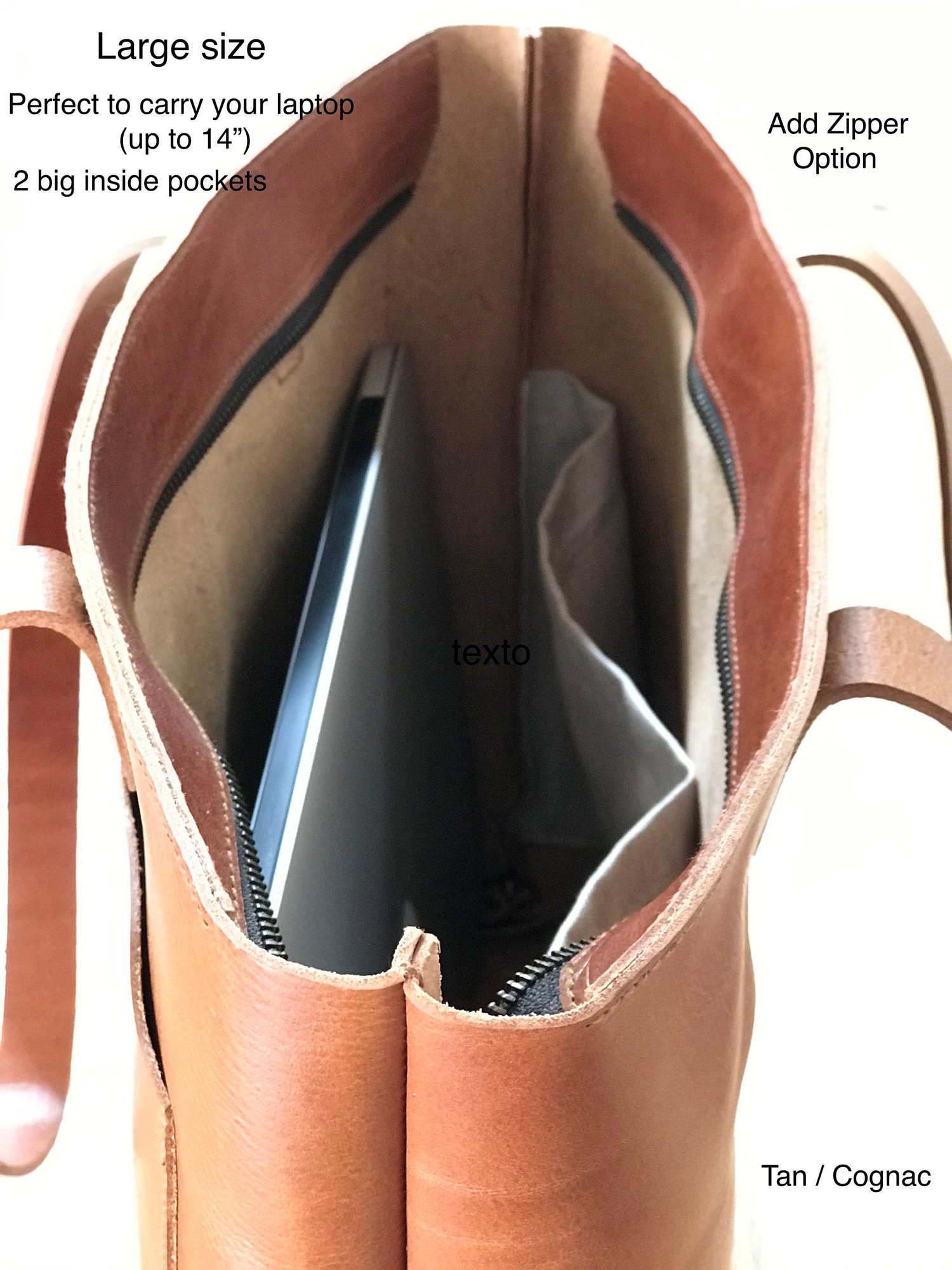 Large Tan / Cognac Leather tote bag with large outside pocket. Cognac Tan  Cap Sa Sal Bag. Handmade. — Vermut Atelier