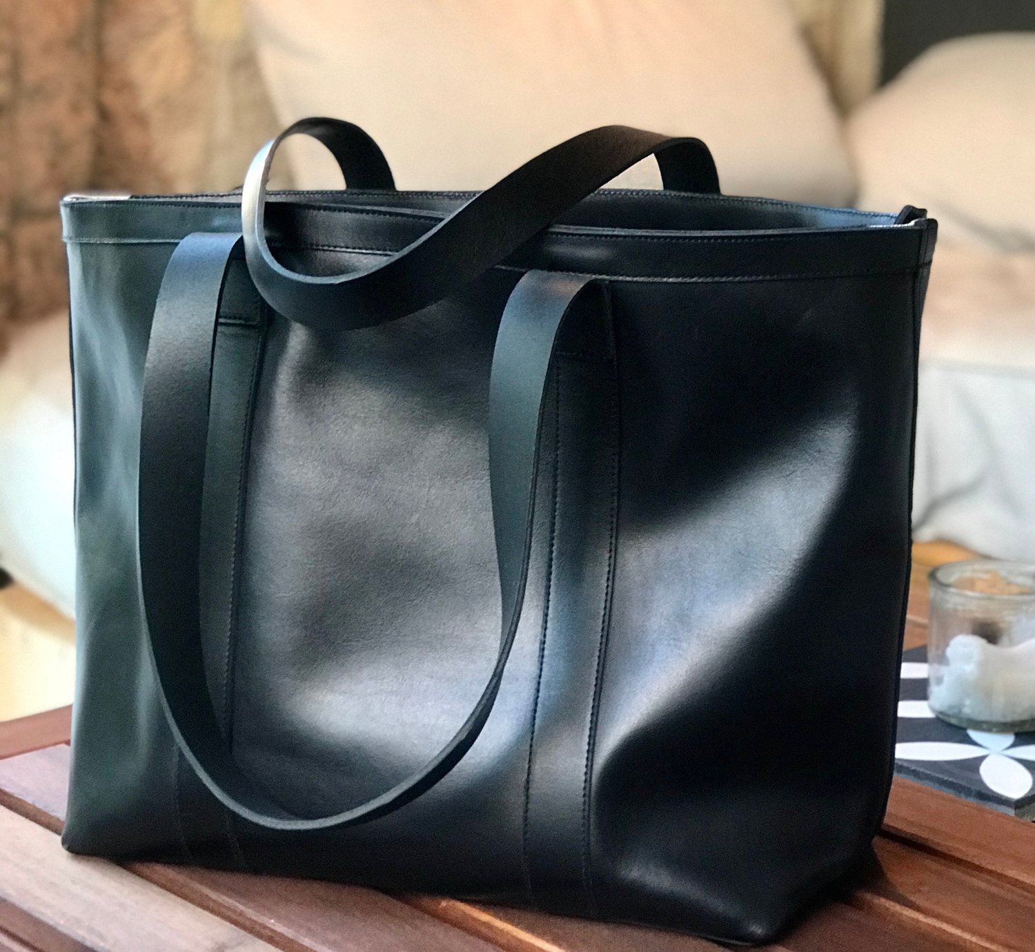 Black Natural Leather tote bag with Zipper. Architect bag in Black leather.  — Vermut Atelier