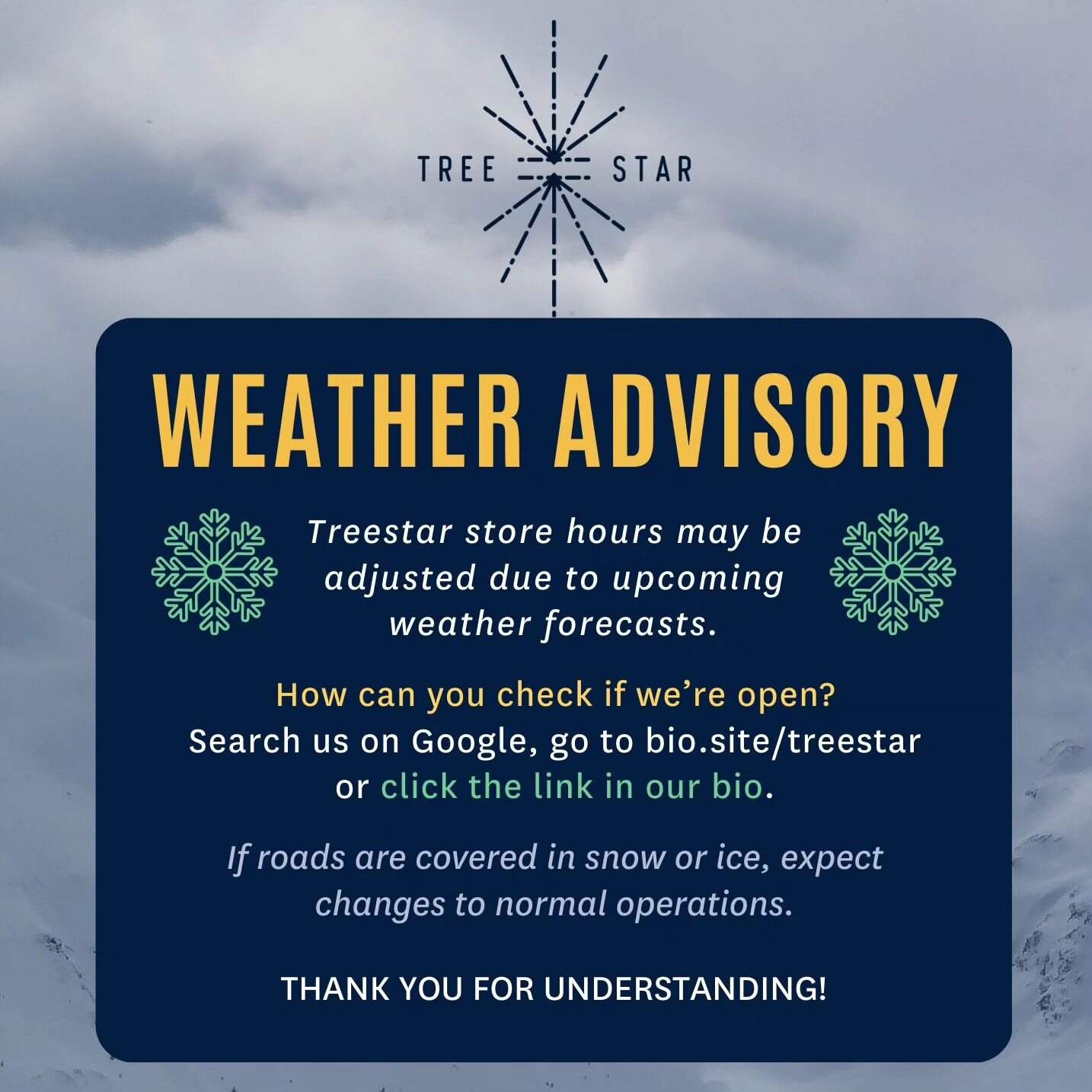 Heads up! Treestar store hours may be adjusted today and/or through this weekend. We will update our hours on Google and post updates to the link in our bio with and changes. 
.
.
.
.
Do not operate a vehicle or machinery under the influence of marij