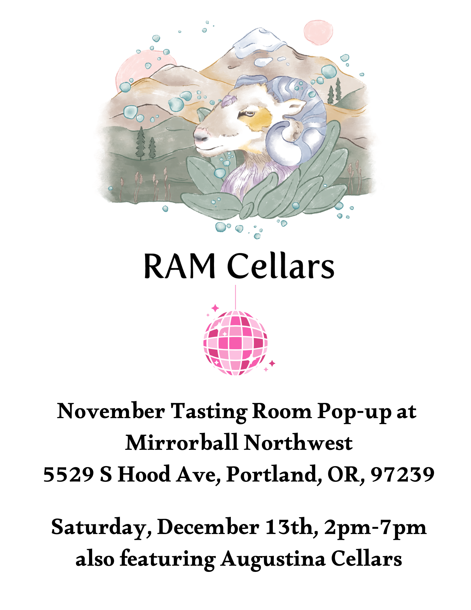 RAM Cellars Pop-up Tasting room residency at Mirrorball Northwest, December 13th 2025