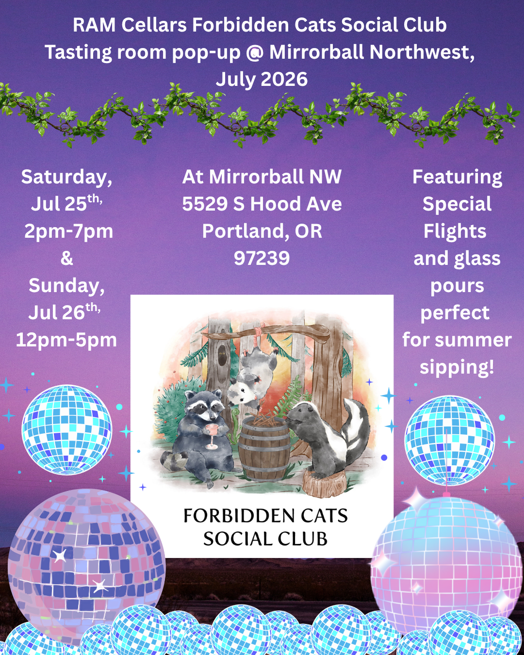 RAM Cellars July Forbidden Cats Social Club tasting room residency pop-up, Saturday, July 25th, 2026