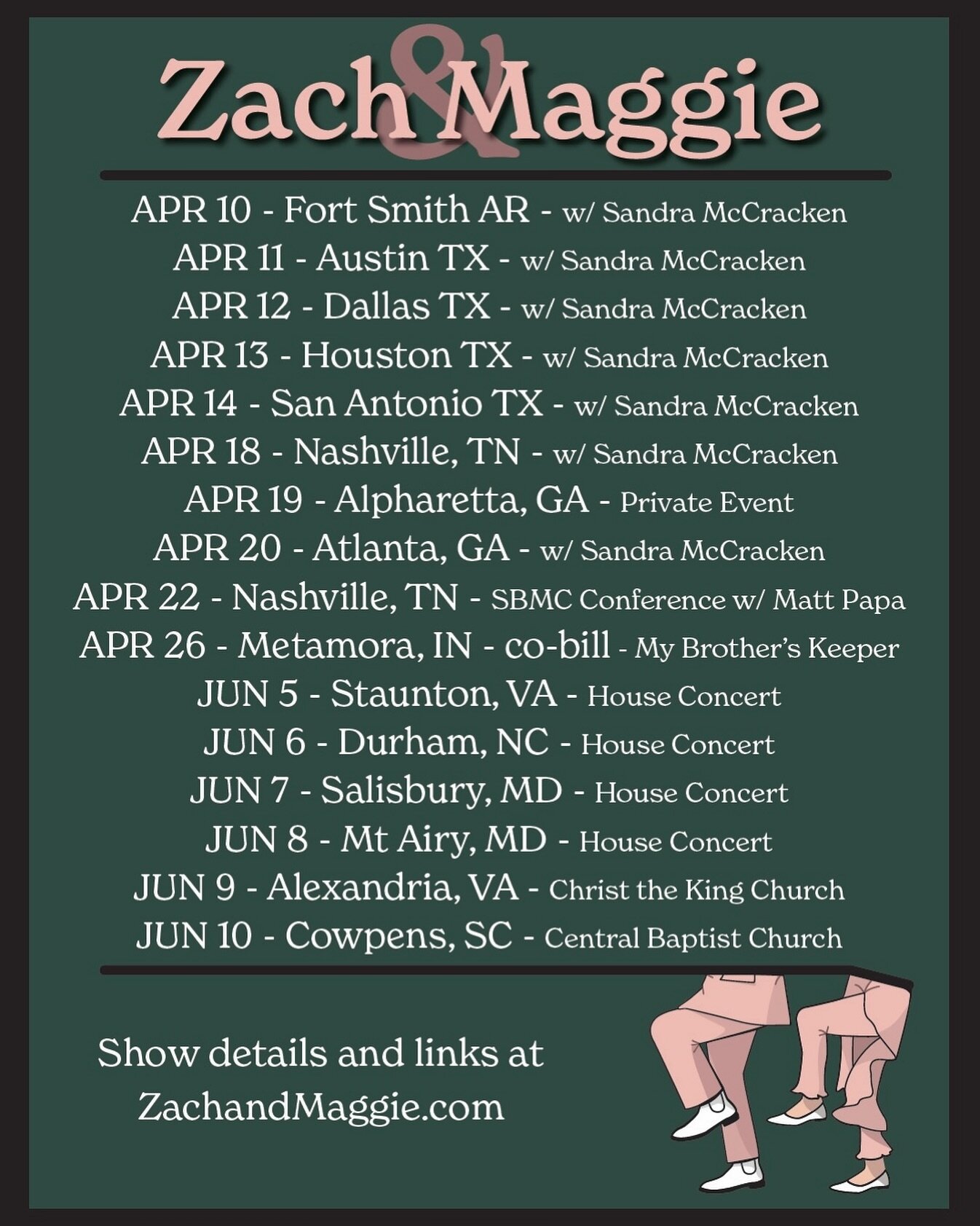 Upcoming shows. First half we are playing along with our friends on their shows either @sandramccracken &amp; @matt_papa then a bunch of Zaggie shows in the VA, NC, MD area. RSVP to house concerts on our website. 
.
Still booking shows in summer and 