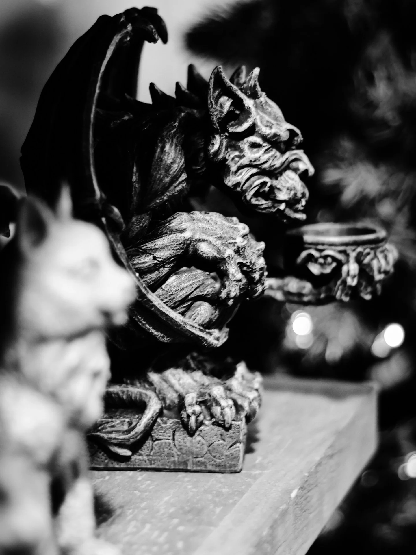Gargoyles &amp; cat #gargoyle #gargoyles #demon #demons #cat #cats #holidaydecor #blackandwhitephotography #blackandwhite #bokeh #mirrorless #notai