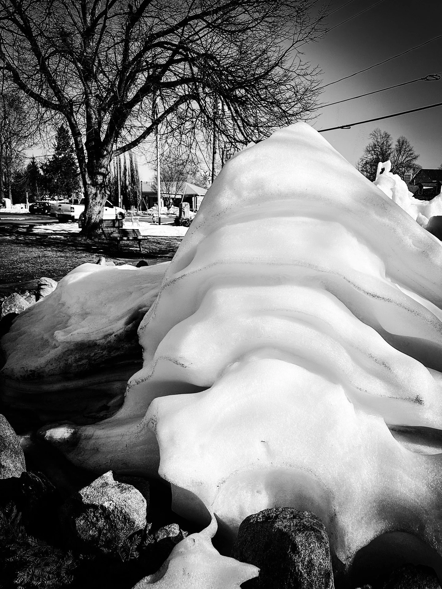 The great melt begins- over 70 degrees today! #streetphotography #streetphotos #snow #ice #melt #spring #springiscoming #blackandwhitephotography #blackandwhite