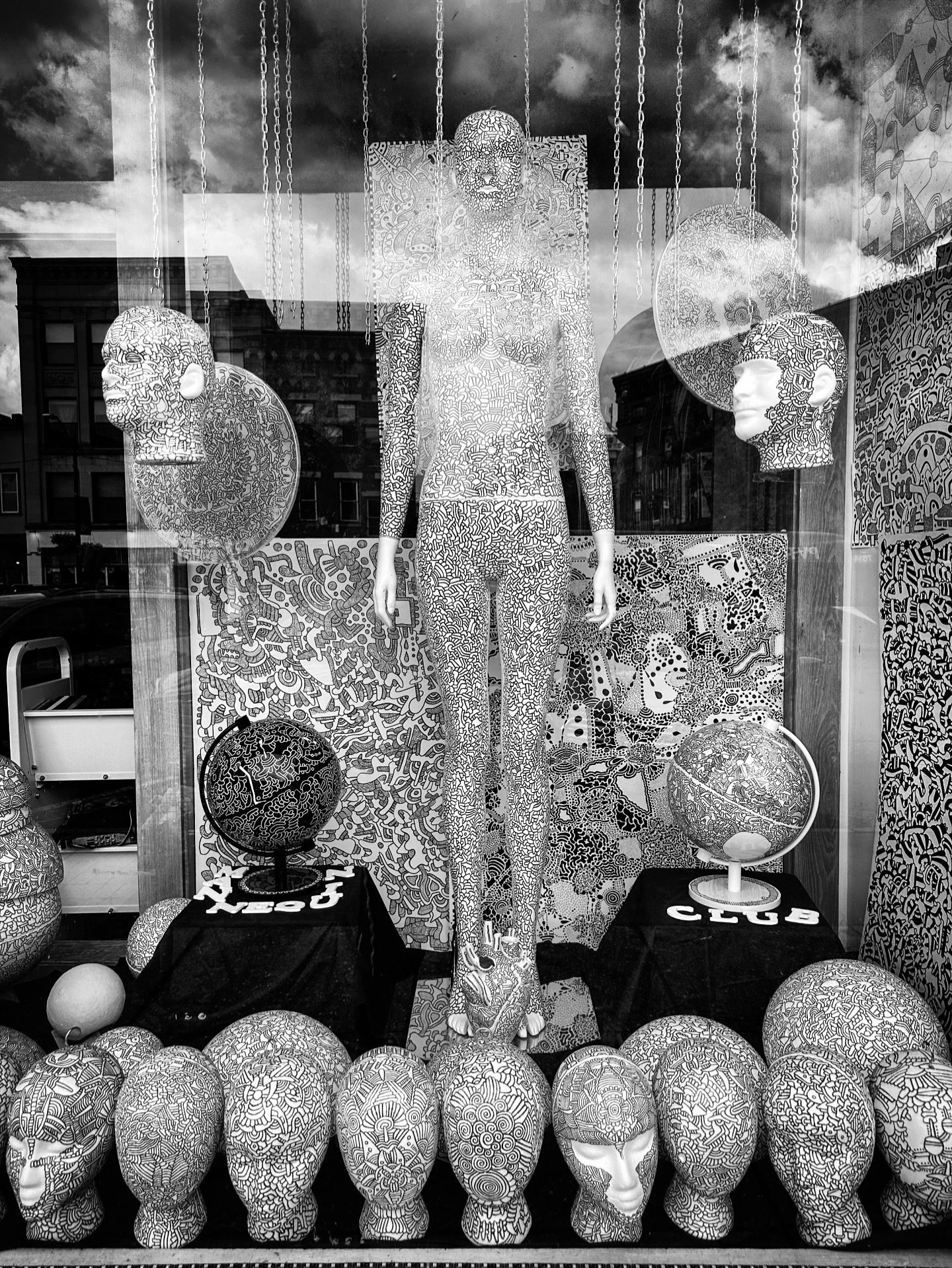 Matty Hollander&rsquo;s &ldquo;Mannequin Club&rdquo; @visions.video @nomorehidingnow #art #artdisplay #blackandwhite #blackandwhitephotography #videostore