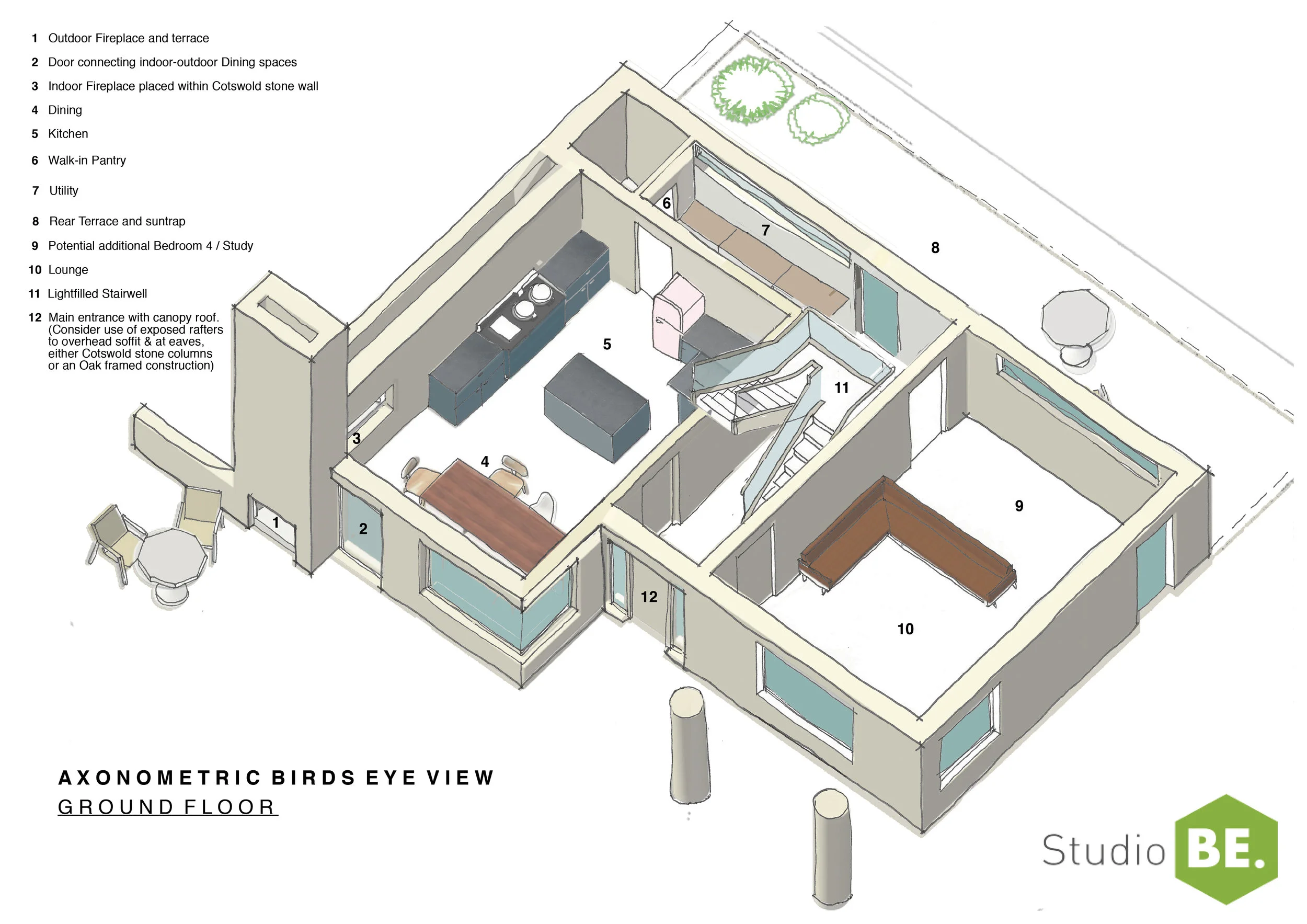 Healthy and low-energy design principles The buildings orientation maximises natural daylighting within the house enhancing a sense of wellbeing. The eco-minimalist approach and the resource efficient shape of the building reduces the buildings impact on the natural environment. Internally it is essential that the house establishes a healthy indoor climate and we seek to explore various construction approaches that are in particular chemically inert and free from organic solvent borne treatments. The Concept design The proposed 4-bedroom scheme is approximately 150m2 in total. The placement of the windows and the building itself seek to have minimal impact on the neighbouring properties. The design considers planning policies in terms of privacy, rights to light and sustainable design We consider that the initial design schematic offers both a nod to the local vernacular whilst the shape offers an energy efficient form factor. The external building envelope seeks to employ a pallete of natural and vernacular materials such as local Cotswold stone and timber cladding. The building seeks to sit comfortably below its woodland setting offering a distinct piece of sustainable architecture which is sympathetic to the local vernacular. Passivhaus PHPP energy modelling by Tim Martel http://optimalretrofit.co.uk