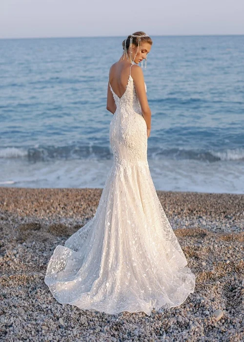 a line ethereal wedding dress A-line V Neck Open Back Tulle Ivory Wedding Dress With Appliques WD477 US10 / White main image 0