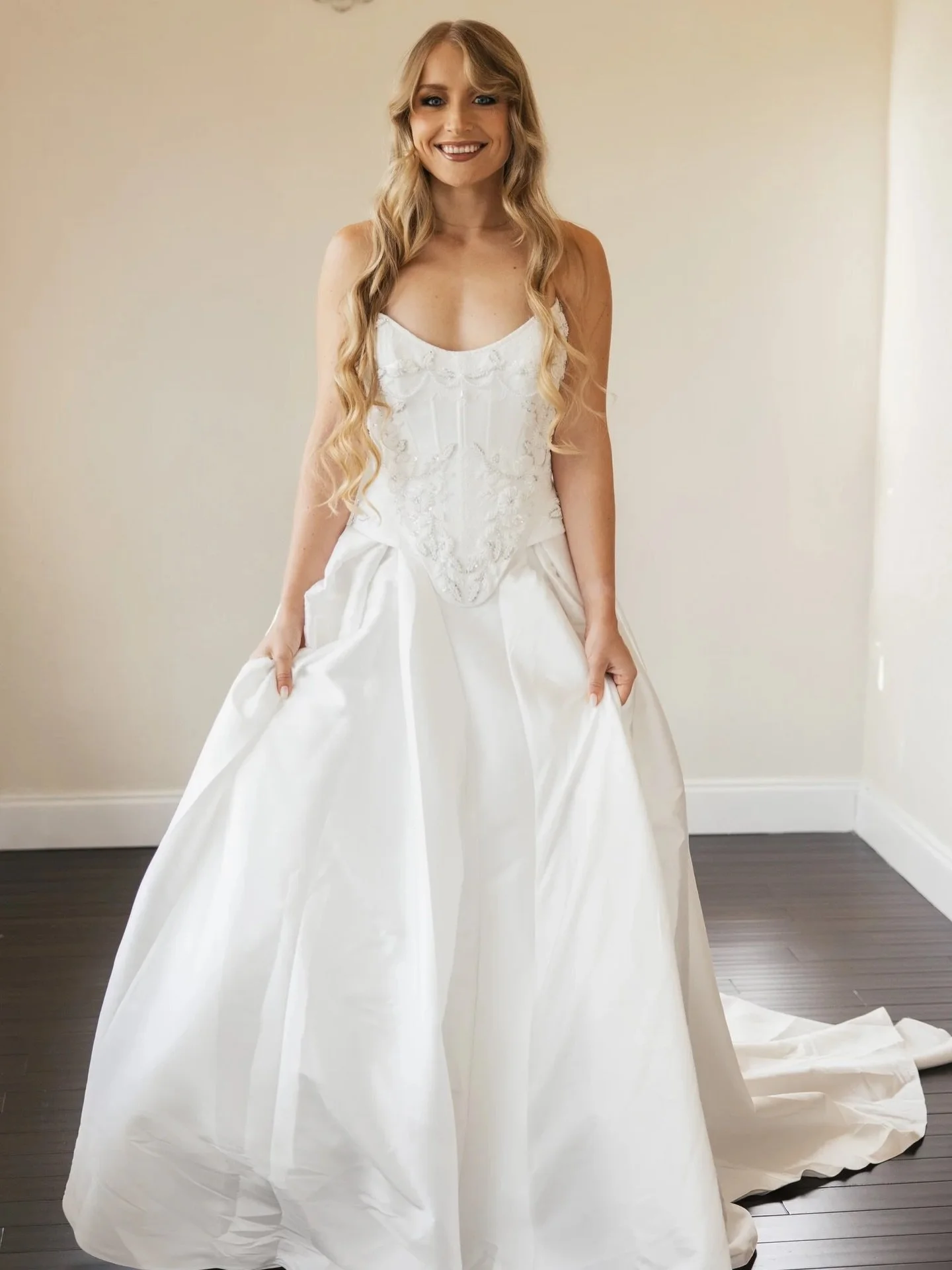 HA3095 from our in-house collection is pure modern fairytale energy.

A sculpted, beaded corset, pointed Basque waist, and full satin skirt with dramatic pleating create that regal, elongated silhouette brides can&rsquo;t stop asking for. Timeless, r